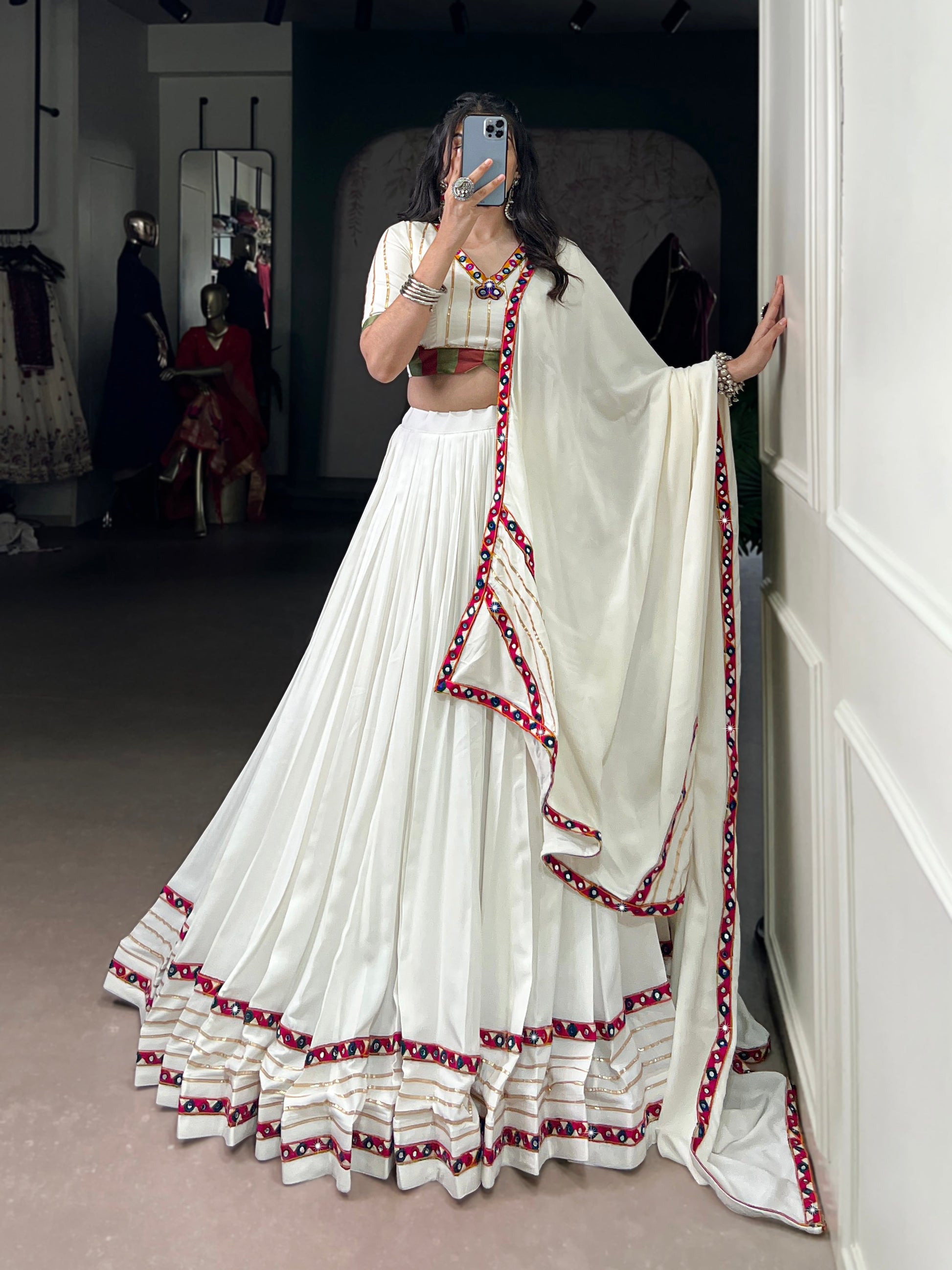 Lorenvalley Fashion White Pure Rayon Original Mirror Gamthi Work With Gotta Patti Lace Touch Up Lehenga Choli with Dupatta | Swadesiicart