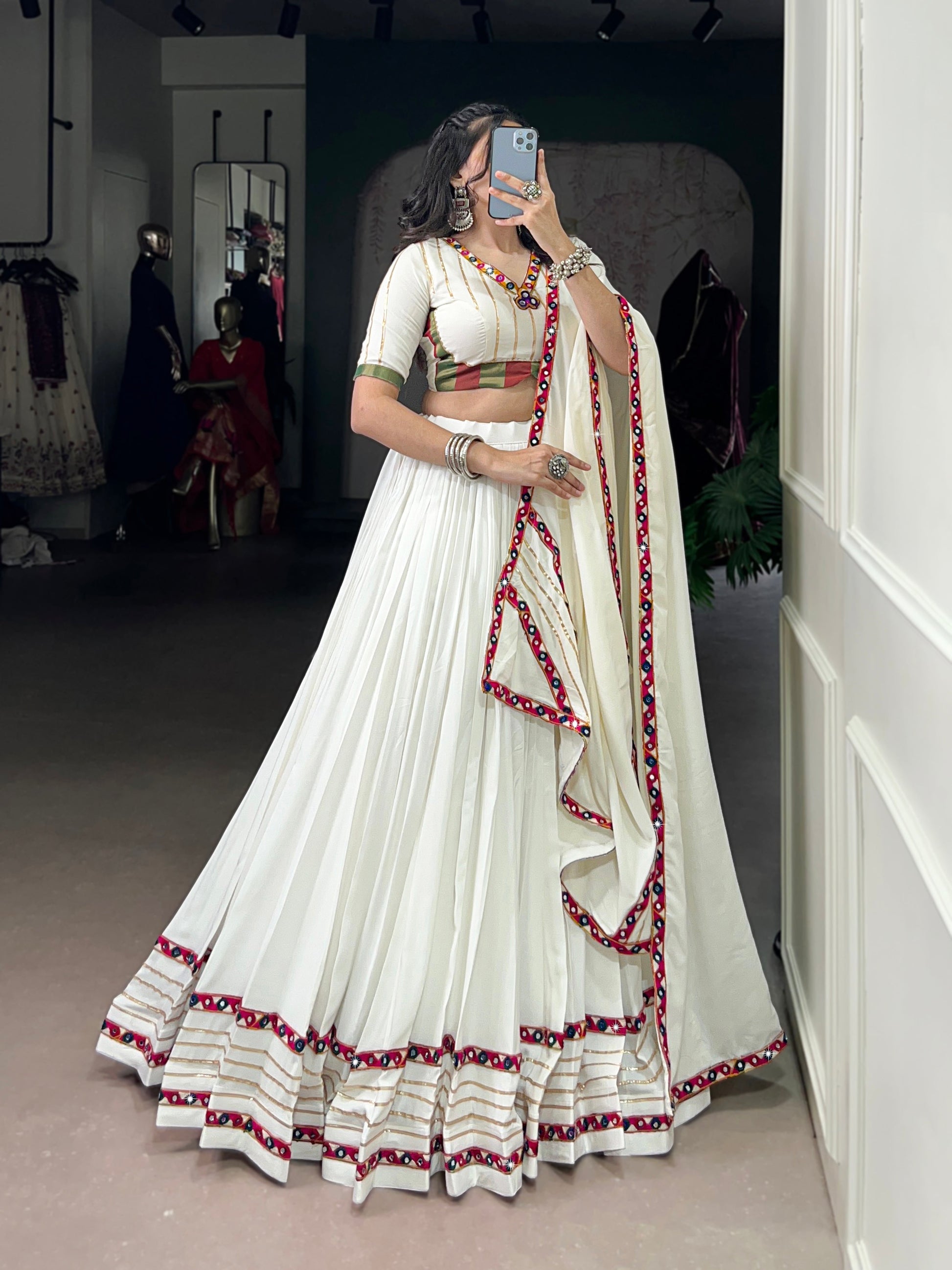 Lorenvalley Fashion White Pure Rayon Original Mirror Gamthi Work With Gotta Patti Lace Touch Up Lehenga Choli with Dupatta | Swadesiicart