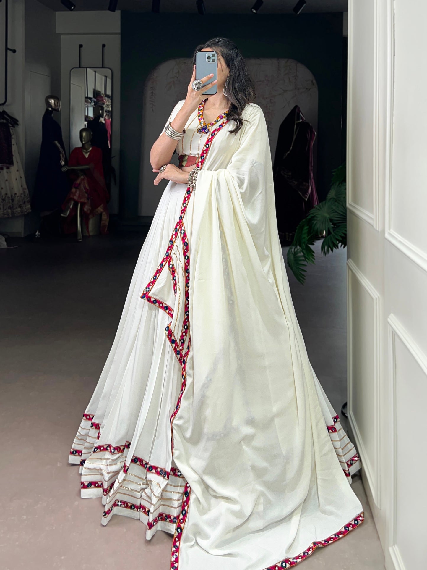 Lorenvalley Fashion White Pure Rayon Original Mirror Gamthi Work With Gotta Patti Lace Touch Up Lehenga Choli with Dupatta | Swadesiicart