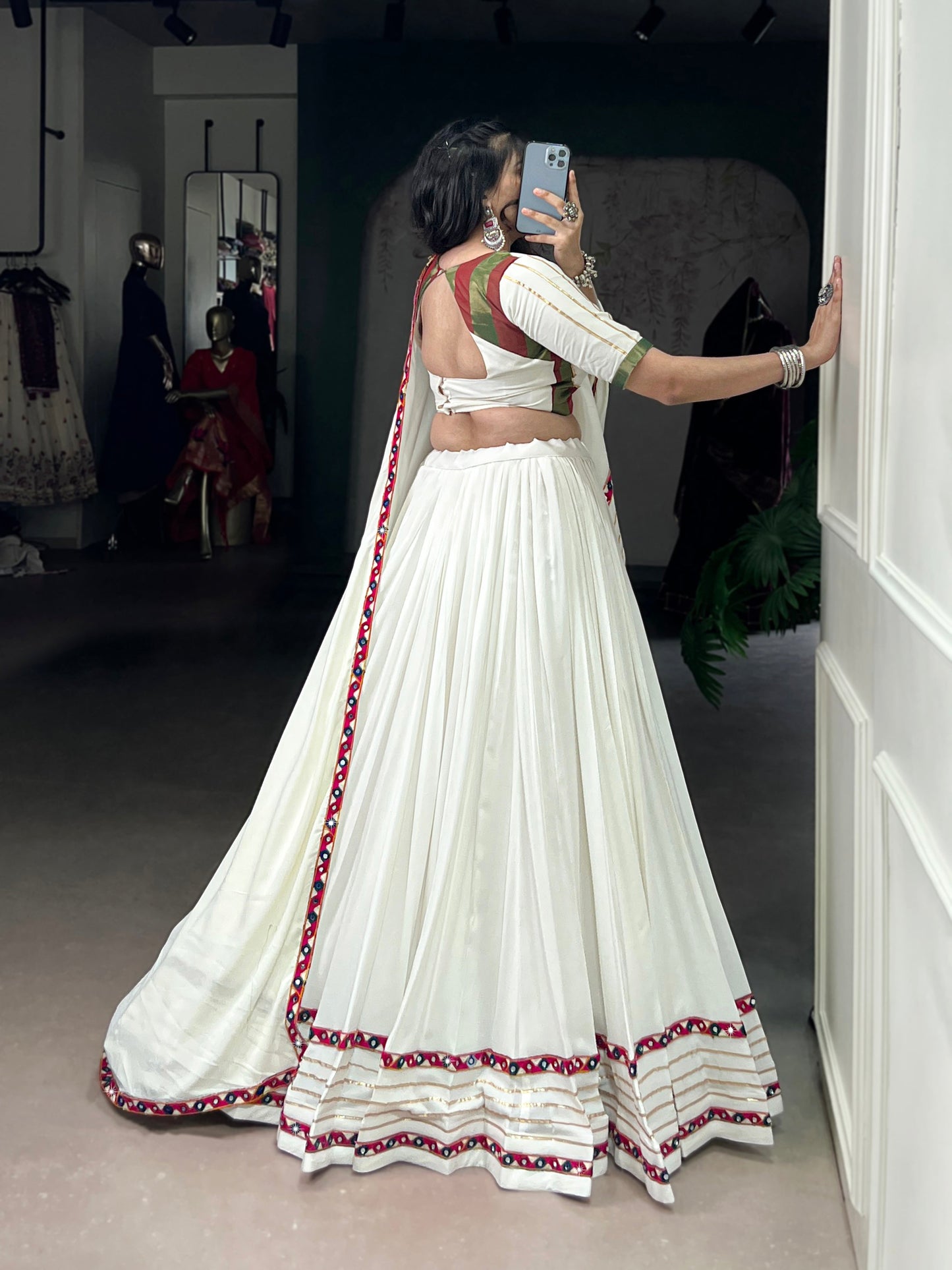 Lorenvalley Fashion White Pure Rayon Original Mirror Gamthi Work With Gotta Patti Lace Touch Up Lehenga Choli with Dupatta | Swadesiicart