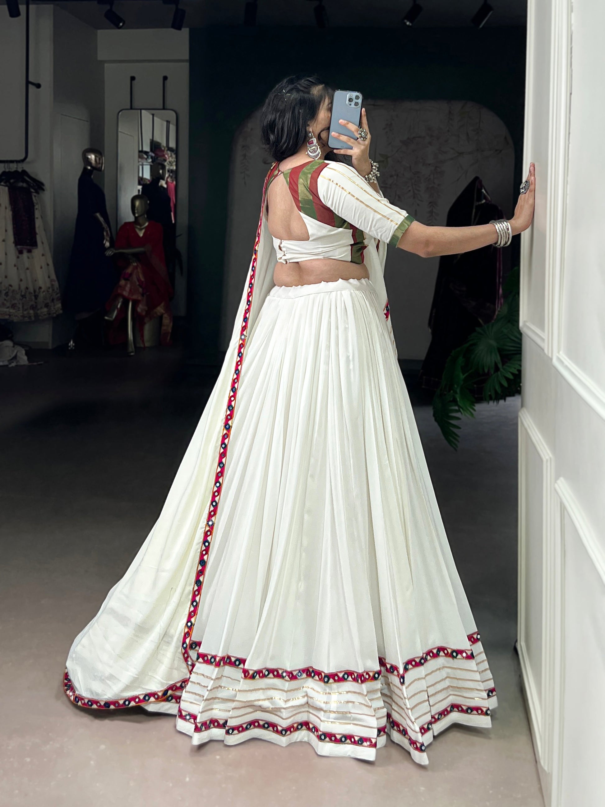Lorenvalley Fashion White Pure Rayon Original Mirror Gamthi Work With Gotta Patti Lace Touch Up Lehenga Choli with Dupatta | Swadesiicart