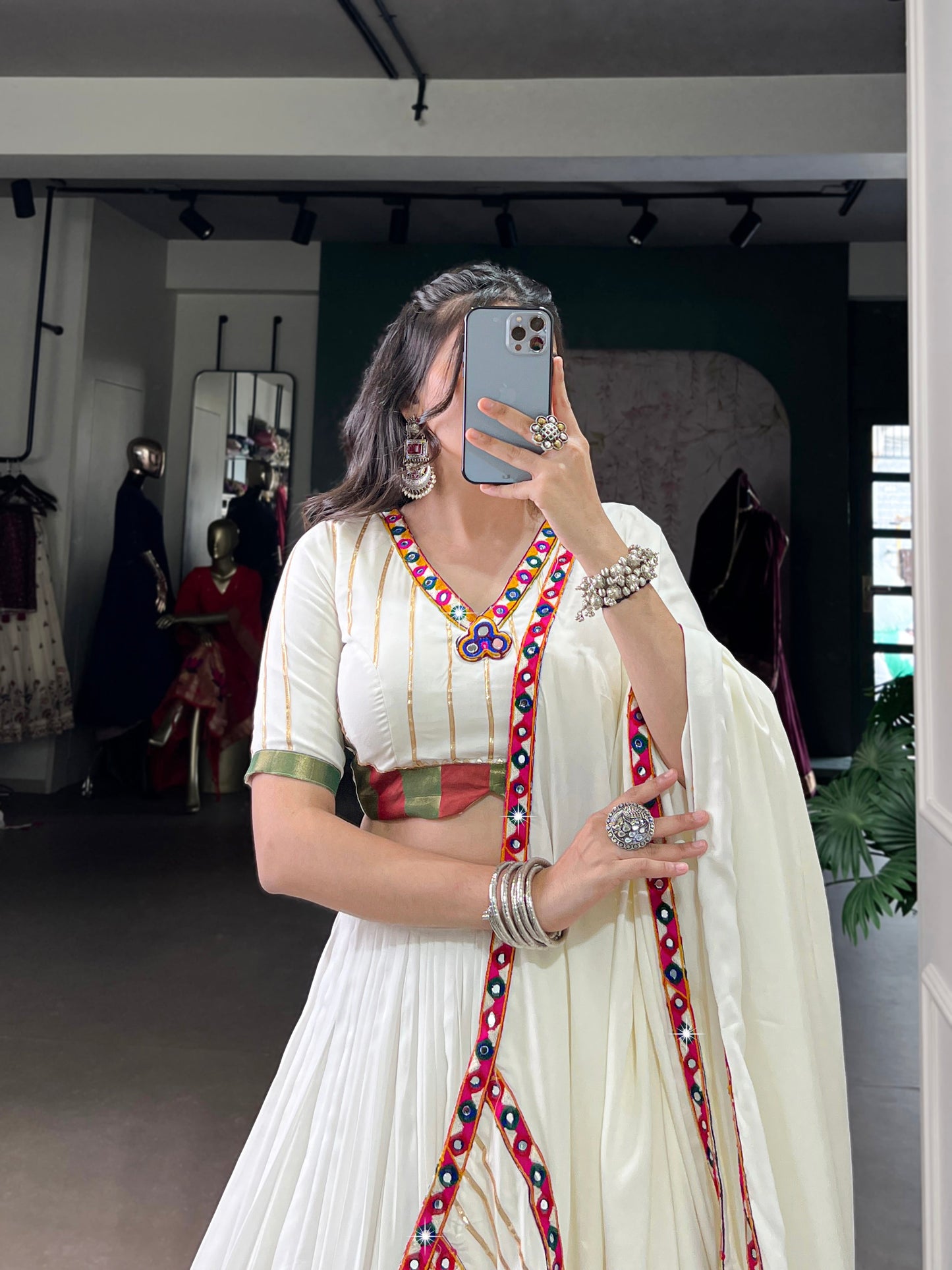 Lorenvalley Fashion White Pure Rayon Original Mirror Gamthi Work With Gotta Patti Lace Touch Up Lehenga Choli with Dupatta | Swadesiicart