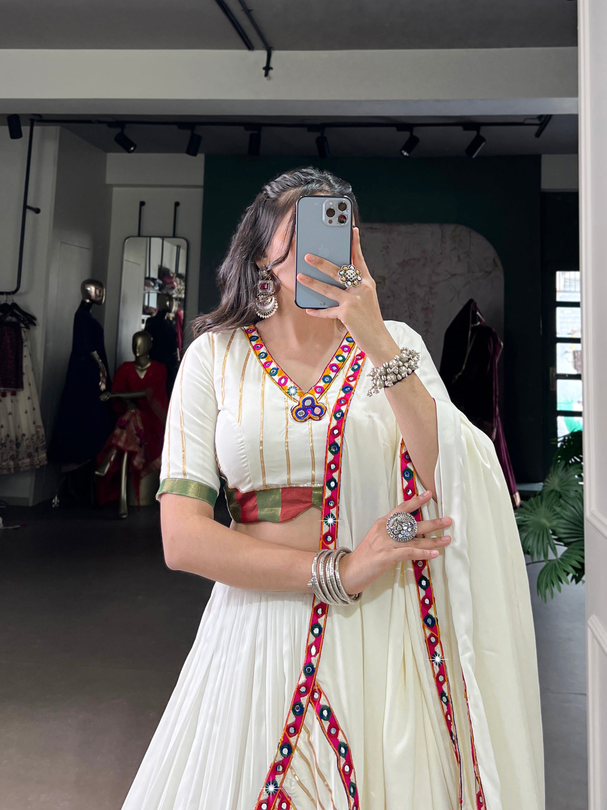 Lorenvalley Fashion White Pure Rayon Original Mirror Gamthi Work With Gotta Patti Lace Touch Up Lehenga Choli with Dupatta | Swadesiicart