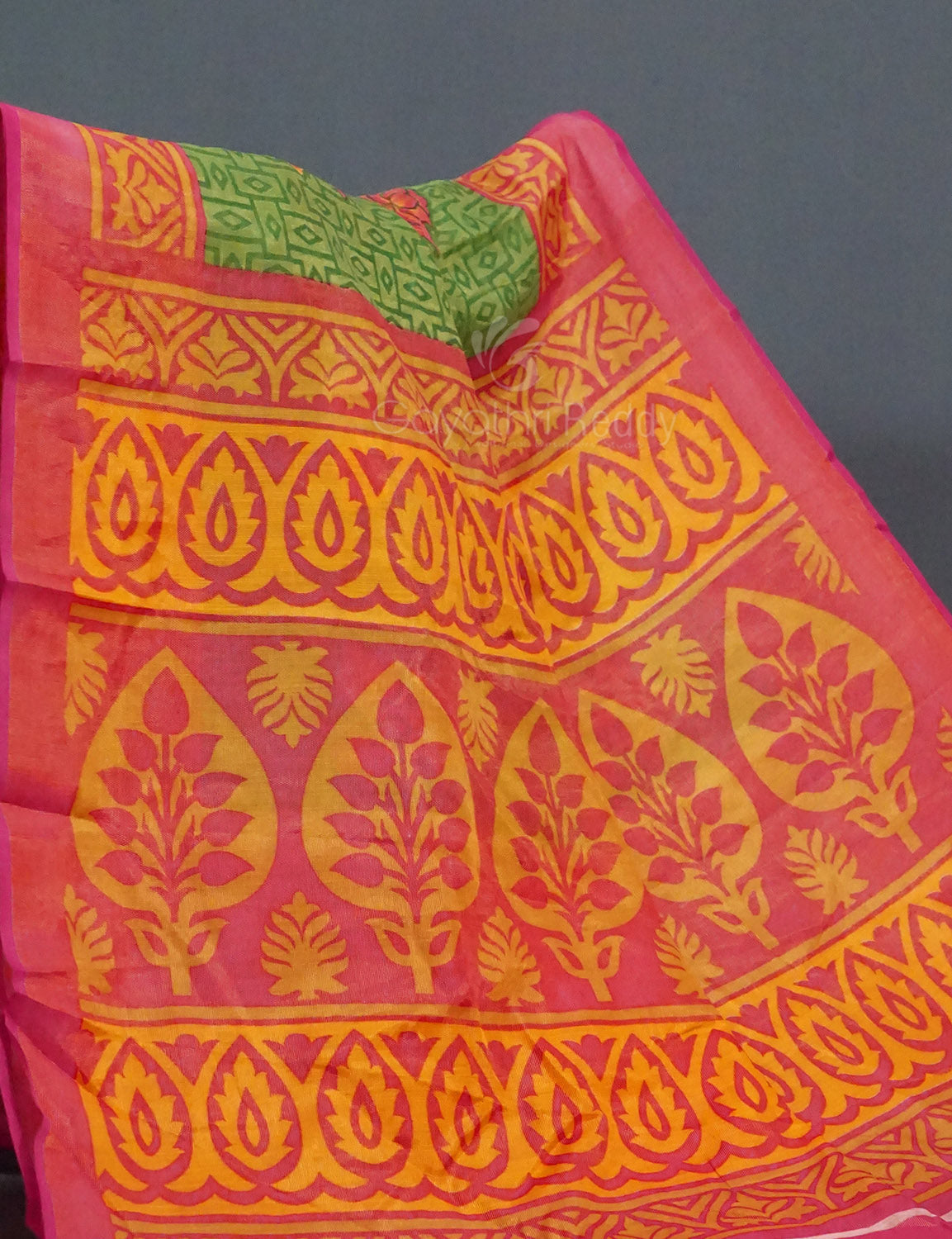 Leaf Green Colour With Baby Pink Blouse Cotton Brasso Saree By Gayathri Reddy Designer Studio | Swadesiicart