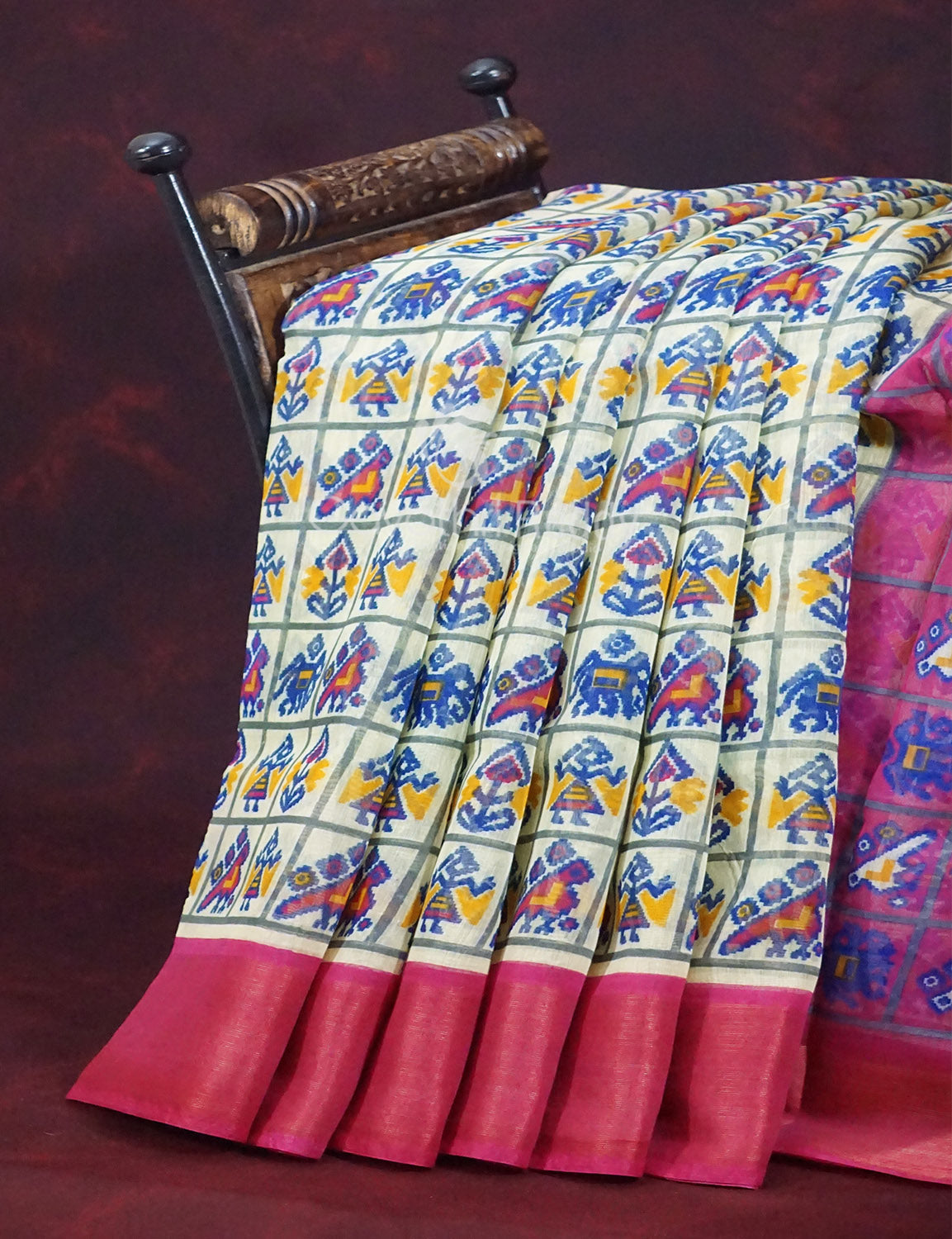Shades of Cream Colour And Pink Blouse Patola Design Semi Chanderi Saree By Gayathri Reddy Designer Studio | Swadesiicart
