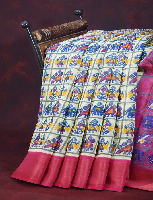 Shades of Cream Colour And Pink Blouse Patola Design Semi Chanderi Saree By Gayathri Reddy Designer Studio | Swadesiicart