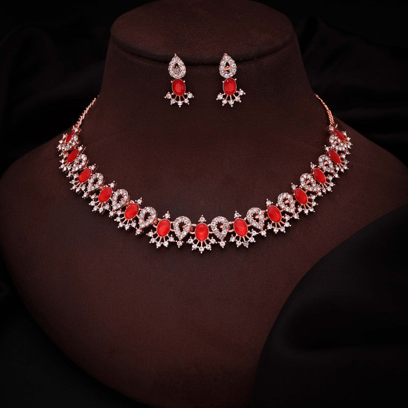 Tehzeeb Creations Red Colour Ad Studded Necklace Jewellery Set With Matching Earrings For Women And Girls - Swadesiicart