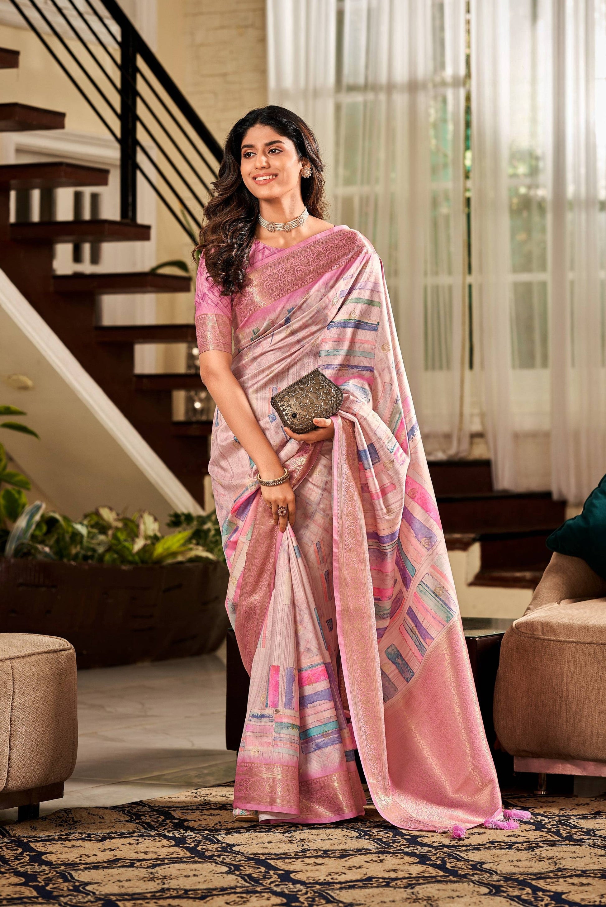 Anaita Pink Designer Digital Printed Soft Silk Saree With Blouse