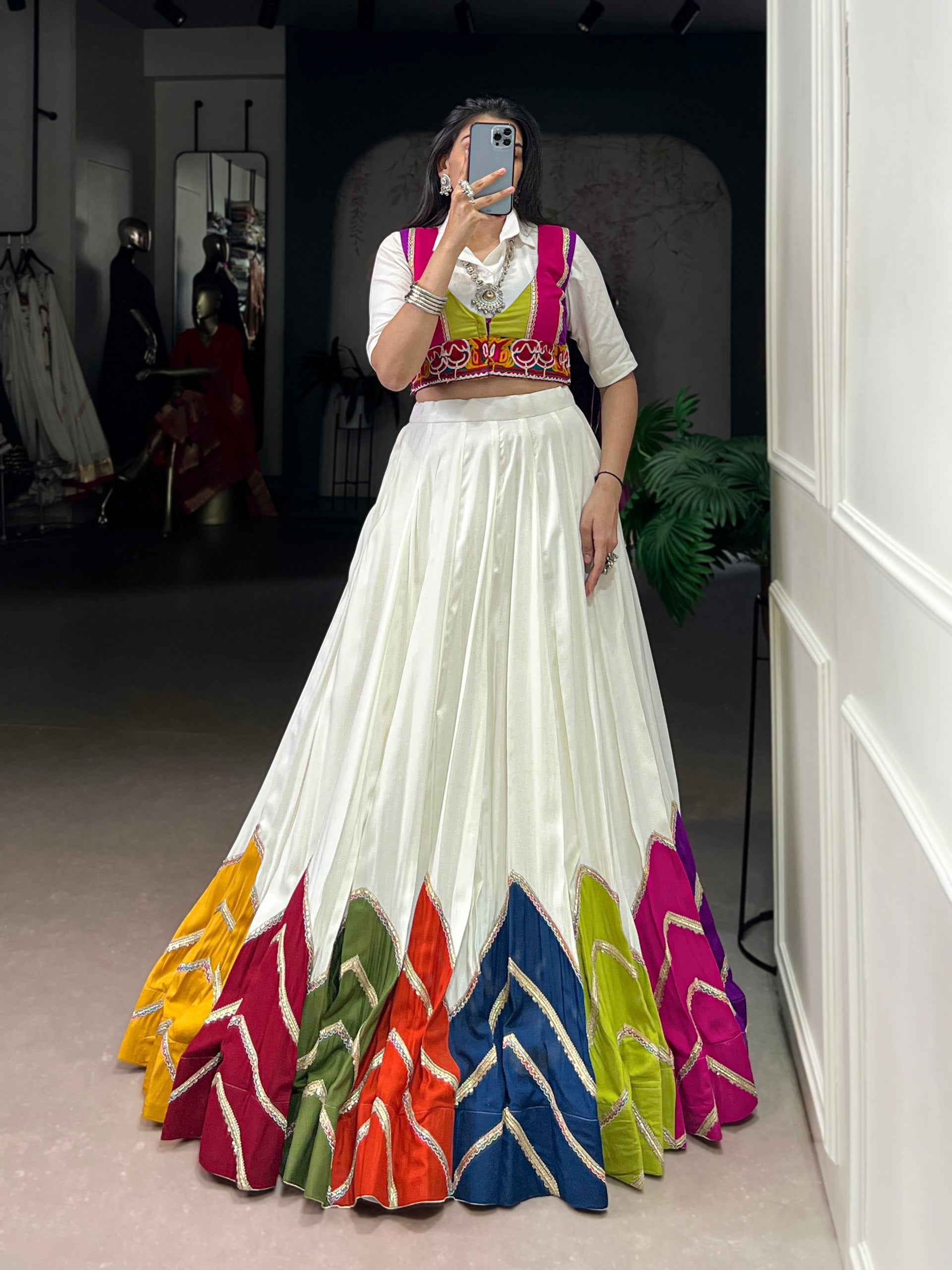 Lorenvalley Fashion White Rayon Multi Colour Patch With Lace Touch Up Lehenga Choli with Koti - Swadesiicart