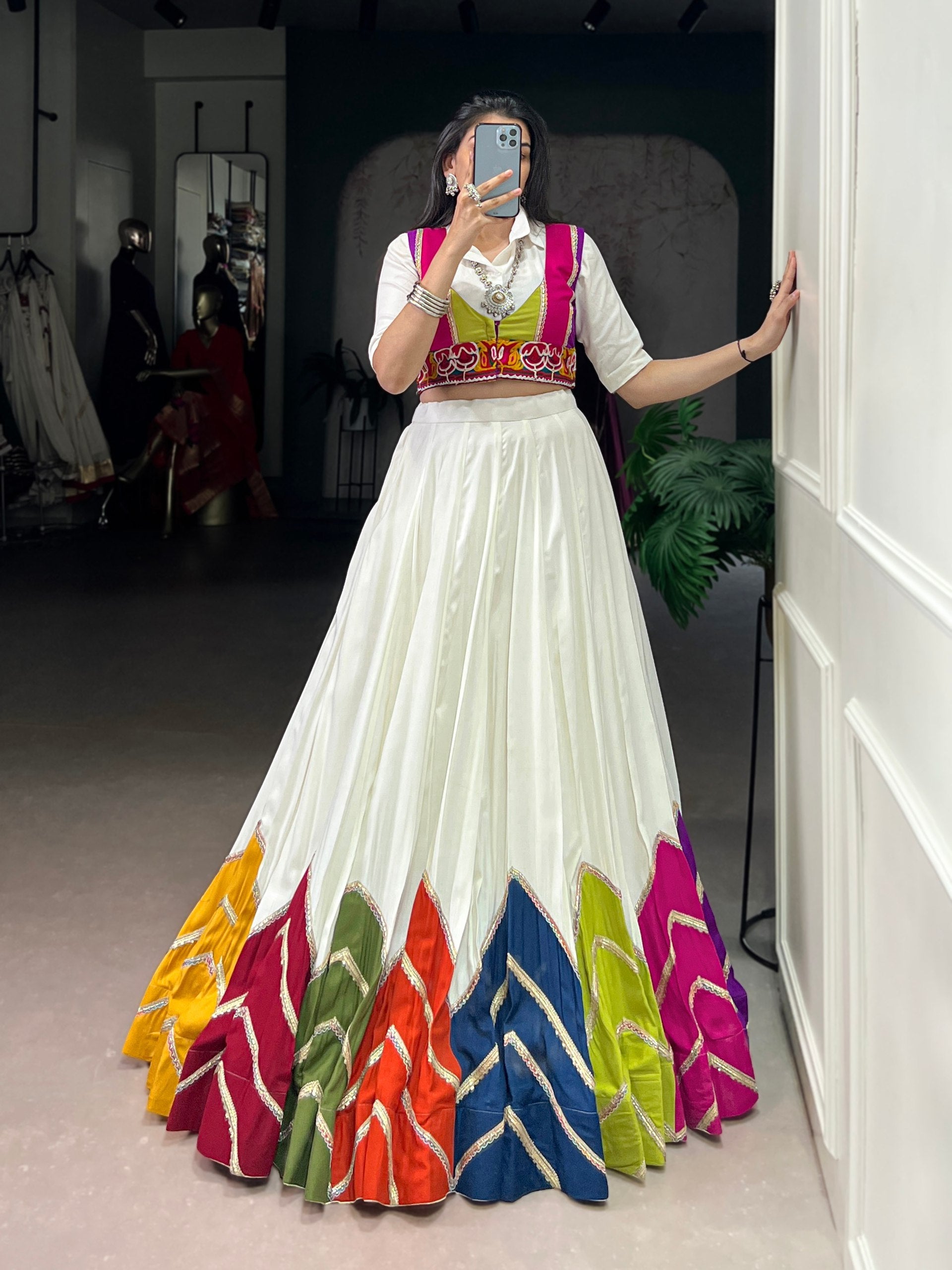 Lorenvalley Fashion White Rayon Multi Colour Patch With Lace Touch Up Lehenga Choli with Koti - Swadesiicart