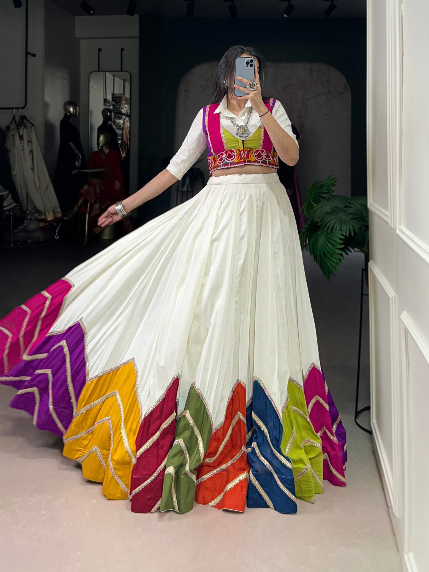 Lorenvalley Fashion White Rayon Multi Colour Patch With Lace Touch Up Lehenga Choli with Koti - Swadesiicart