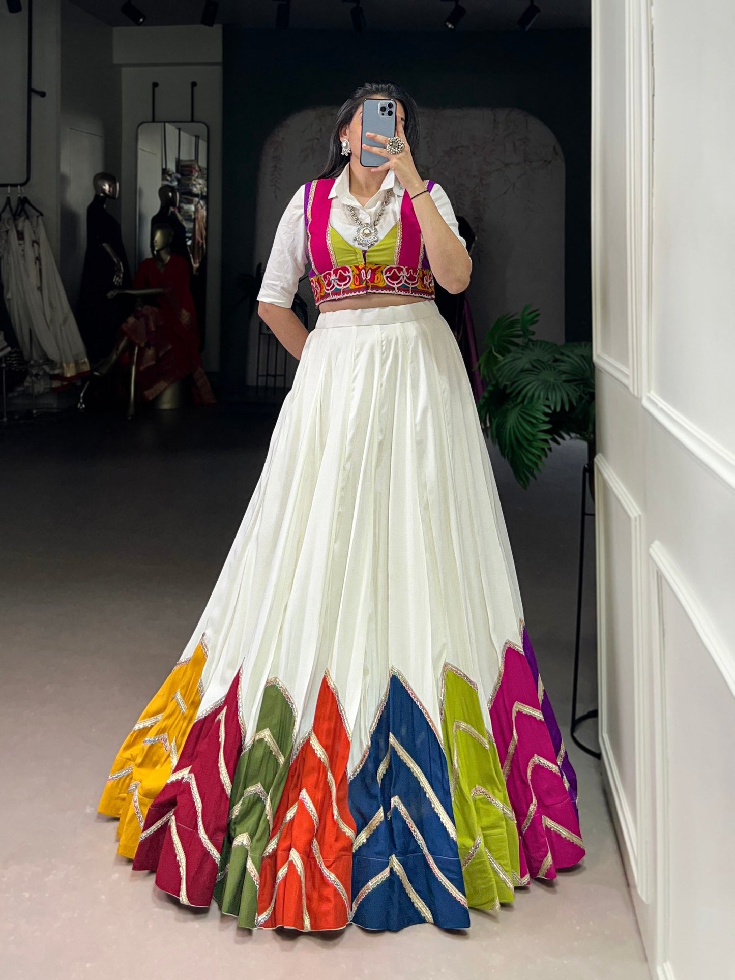 Lorenvalley Fashion White Rayon Multi Colour Patch With Lace Touch Up Lehenga Choli with Koti - Swadesiicart