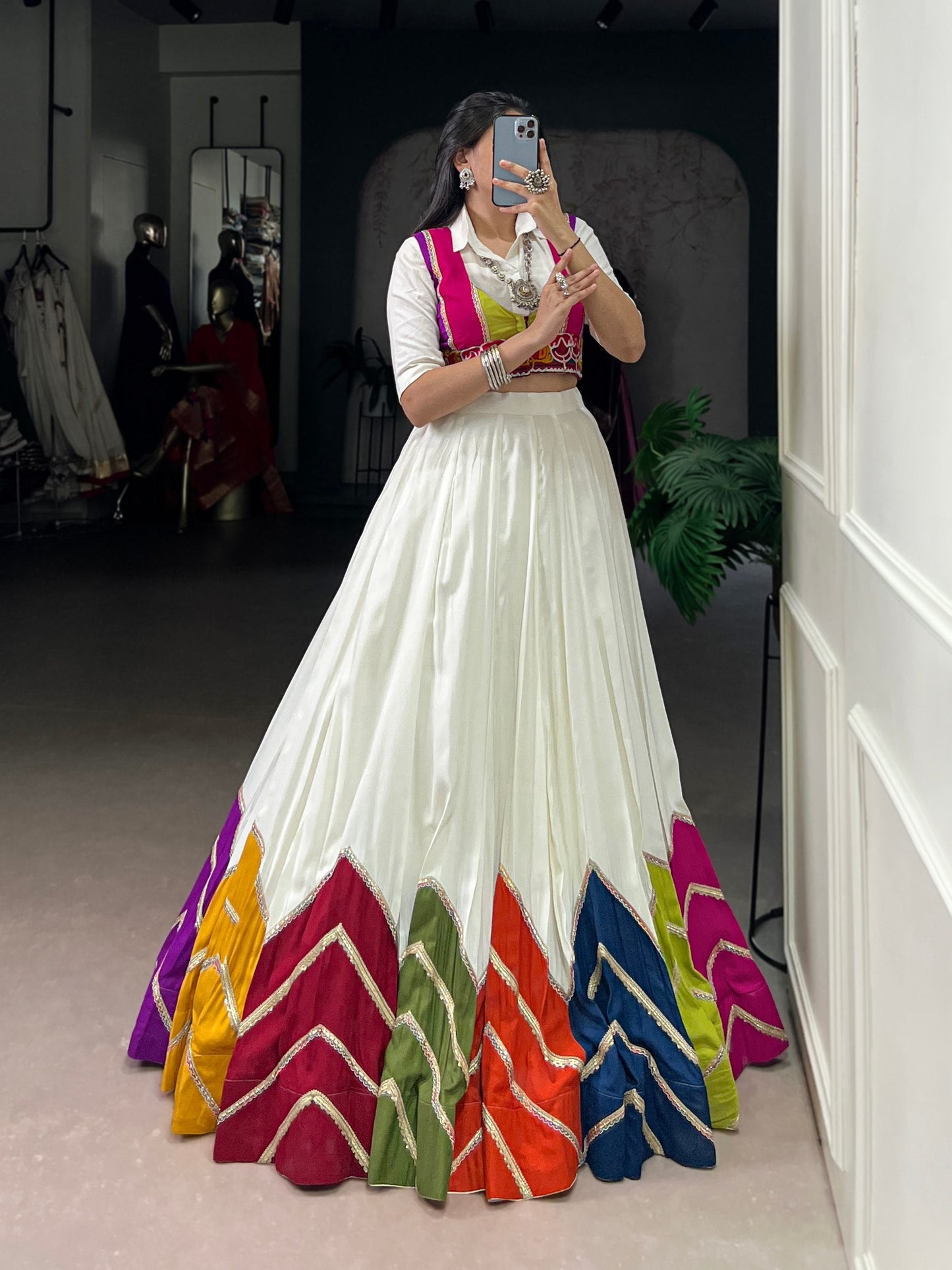 Lorenvalley Fashion White Rayon Multi Colour Patch With Lace Touch Up Lehenga Choli with Koti - Swadesiicart