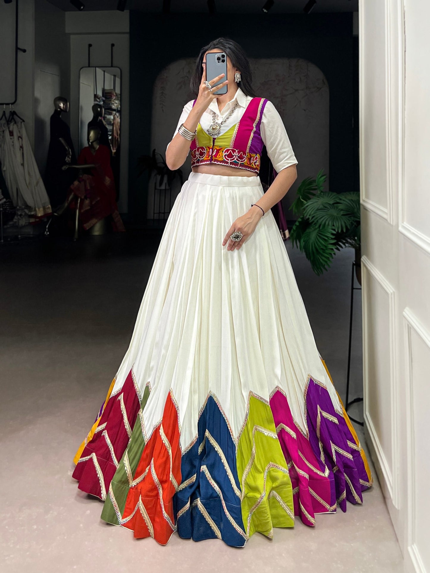 Lorenvalley Fashion White Rayon Multi Colour Patch With Lace Touch Up Lehenga Choli with Koti - Swadesiicart