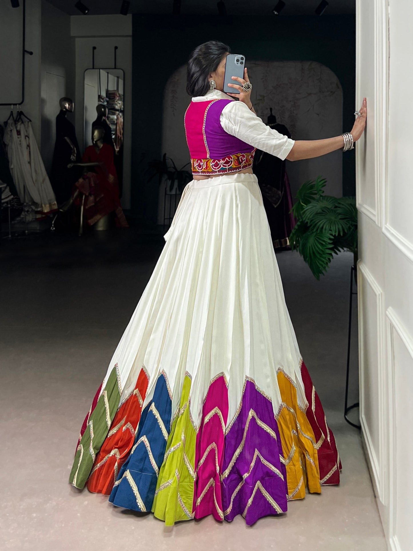 Lorenvalley Fashion White Rayon Multi Colour Patch With Lace Touch Up Lehenga Choli with Koti - Swadesiicart