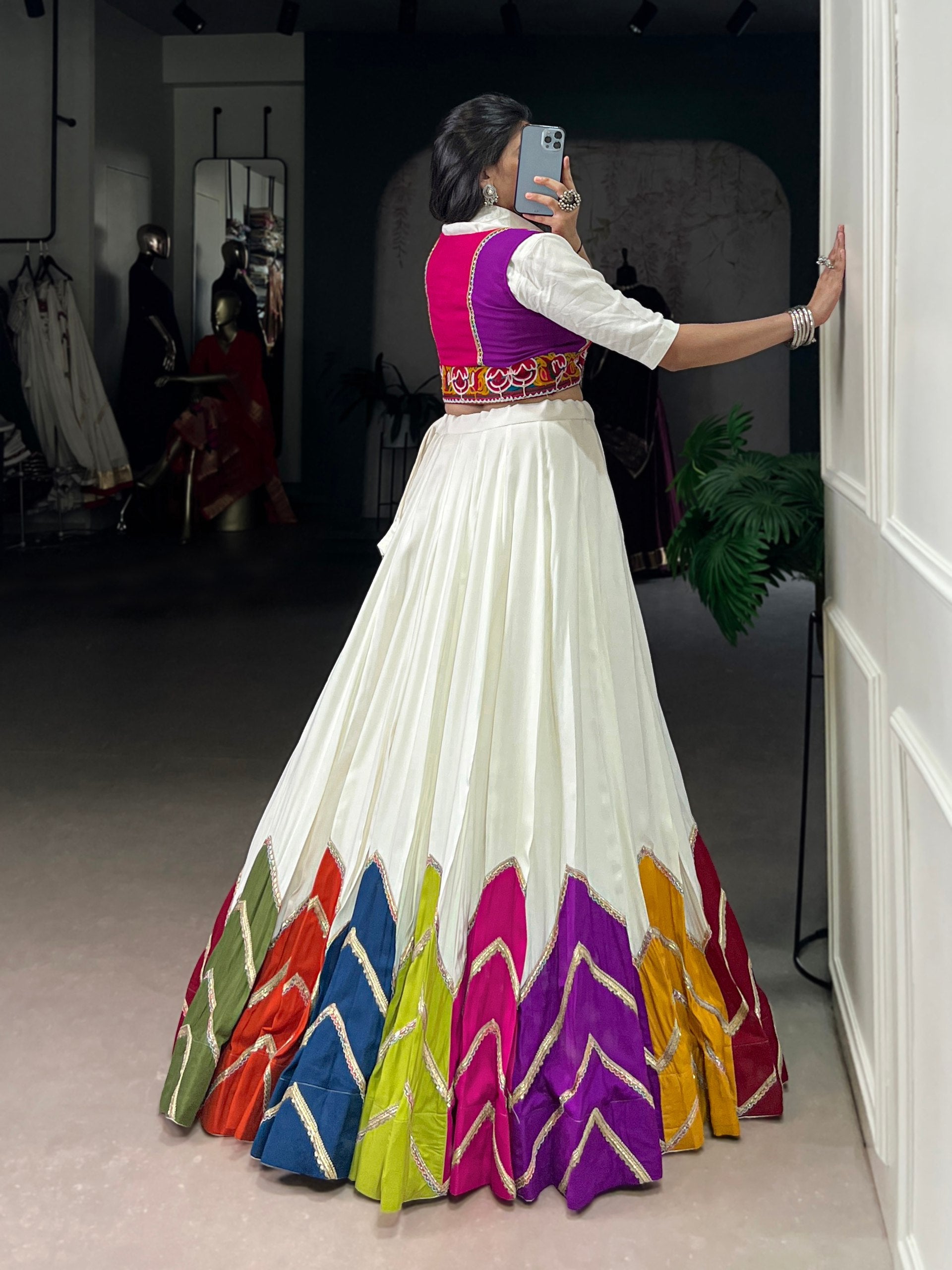 Lorenvalley Fashion White Rayon Multi Colour Patch With Lace Touch Up Lehenga Choli with Koti - Swadesiicart