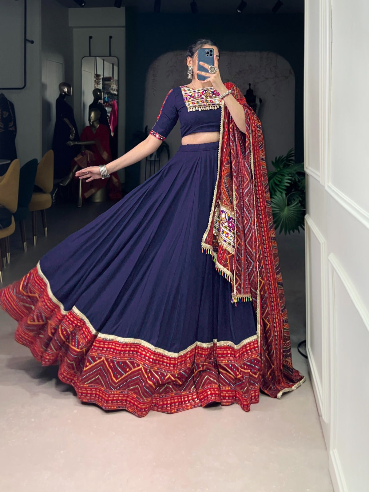Lorenvalley Fashion Navyblue Pure Rayon Bandhej Print and Foil Work with Lace Touch Up Lehenga Choli with Dupatta | Swadesiicart
