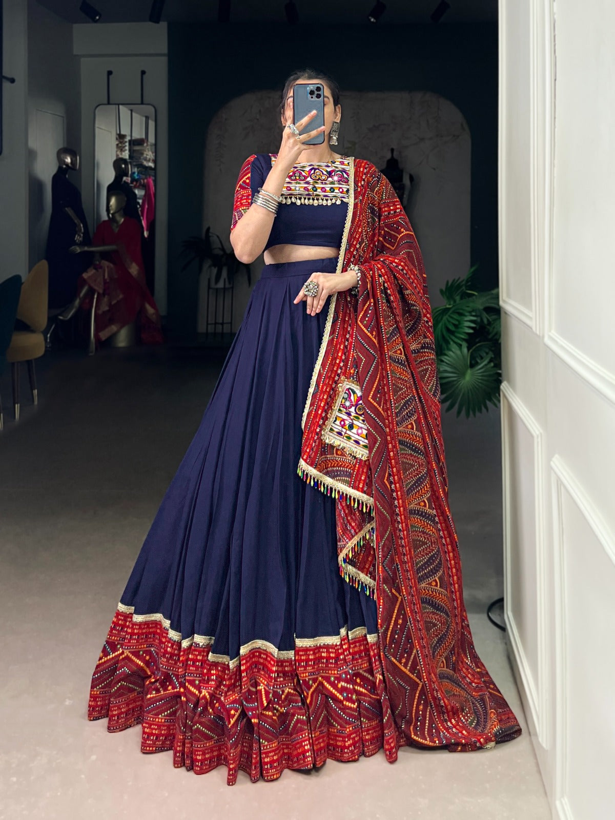 Lorenvalley Fashion Navyblue Pure Rayon Bandhej Print and Foil Work with Lace Touch Up Lehenga Choli with Dupatta | Swadesiicart