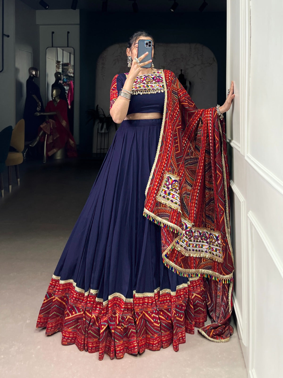 Lorenvalley Fashion Navyblue Pure Rayon Bandhej Print and Foil Work with Lace Touch Up Lehenga Choli with Dupatta | Swadesiicart