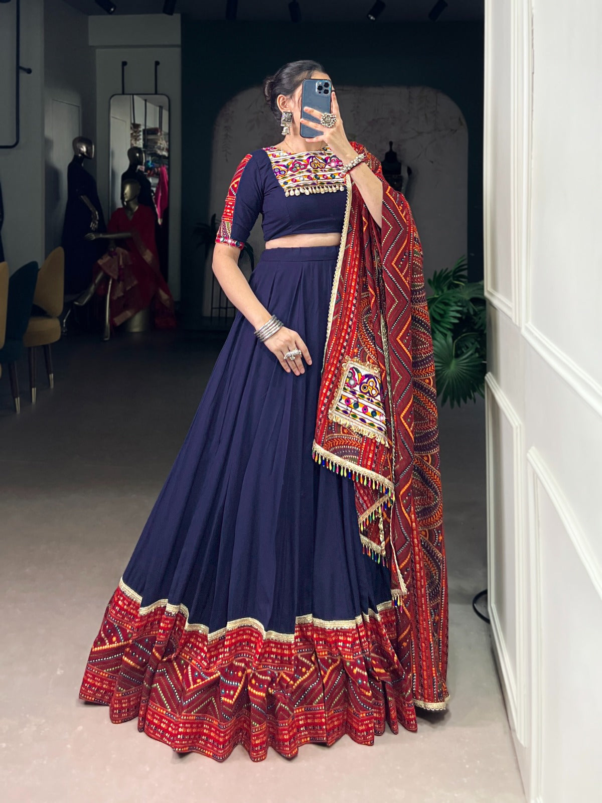 Lorenvalley Fashion Navyblue Pure Rayon Bandhej Print and Foil Work with Lace Touch Up Lehenga Choli with Dupatta | Swadesiicart