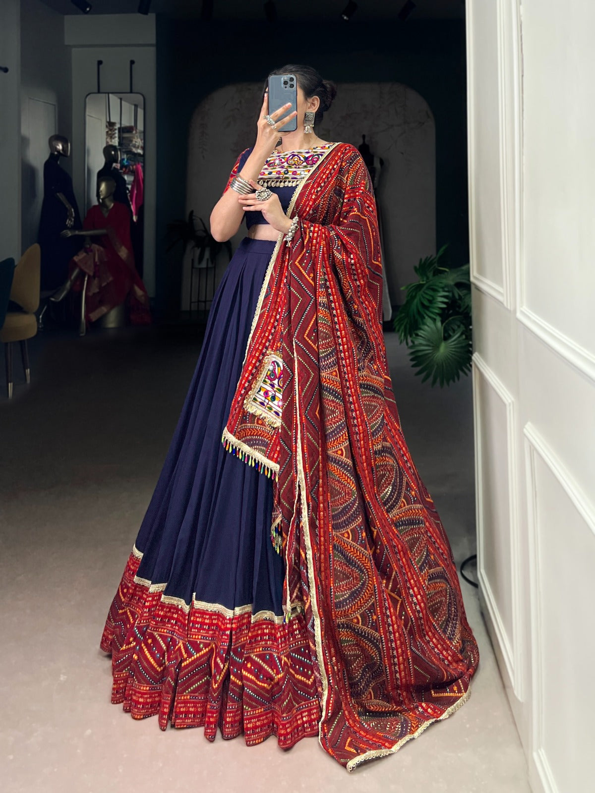 Lorenvalley Fashion Navyblue Pure Rayon Bandhej Print and Foil Work with Lace Touch Up Lehenga Choli with Dupatta | Swadesiicart