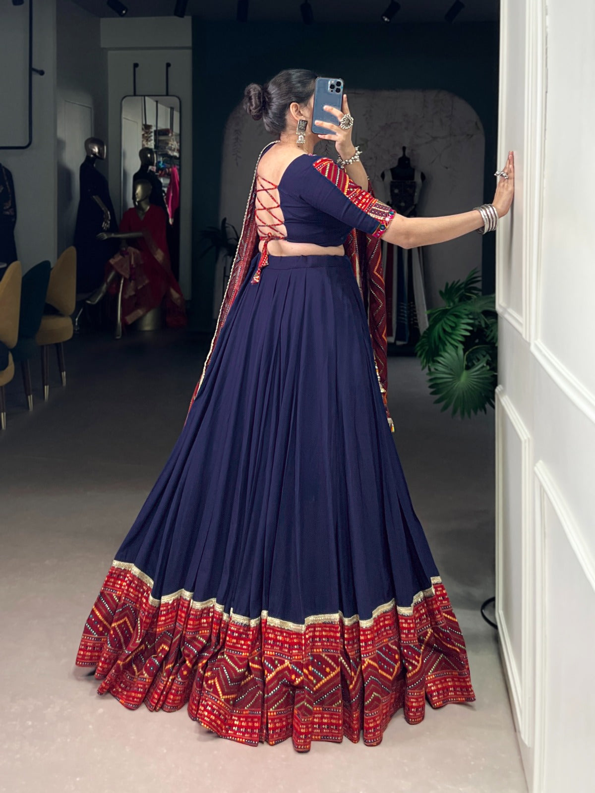Lorenvalley Fashion Navyblue Pure Rayon Bandhej Print and Foil Work with Lace Touch Up Lehenga Choli with Dupatta | Swadesiicart