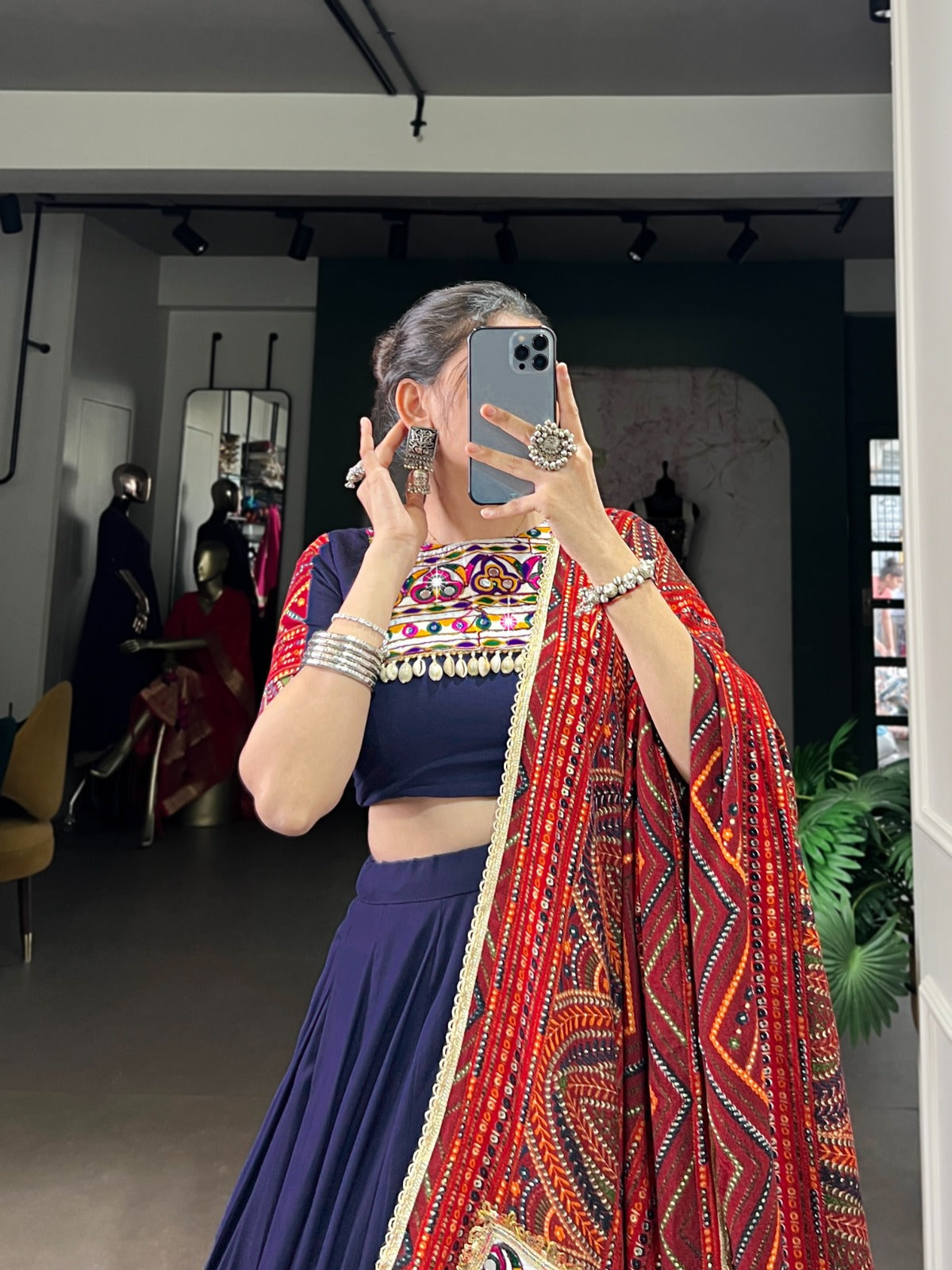 Lorenvalley Fashion Navyblue Pure Rayon Bandhej Print and Foil Work with Lace Touch Up Lehenga Choli with Dupatta | Swadesiicart