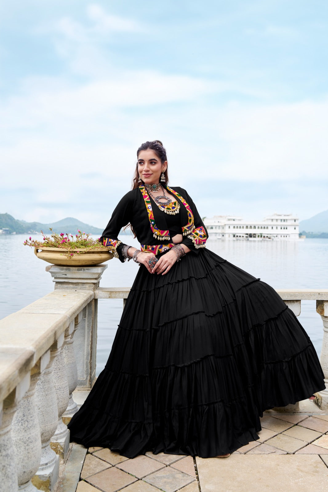 Lorenvalley Fashion Black Pure Rayon Plain Frill Lehenga Choli with Koti - Swadesiicart