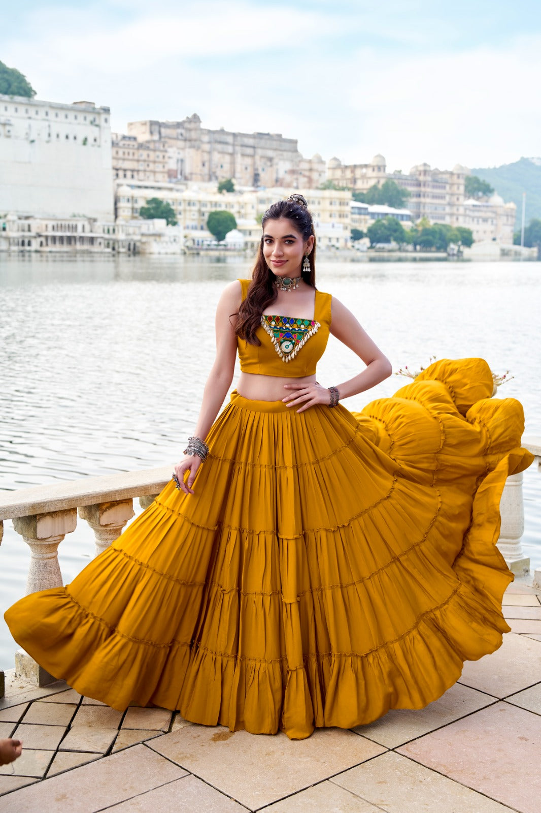 Lorenvalley Fashion Mustard Pure Rayon Plain Frill Lehenga Choli with Koti | Swadesiicart