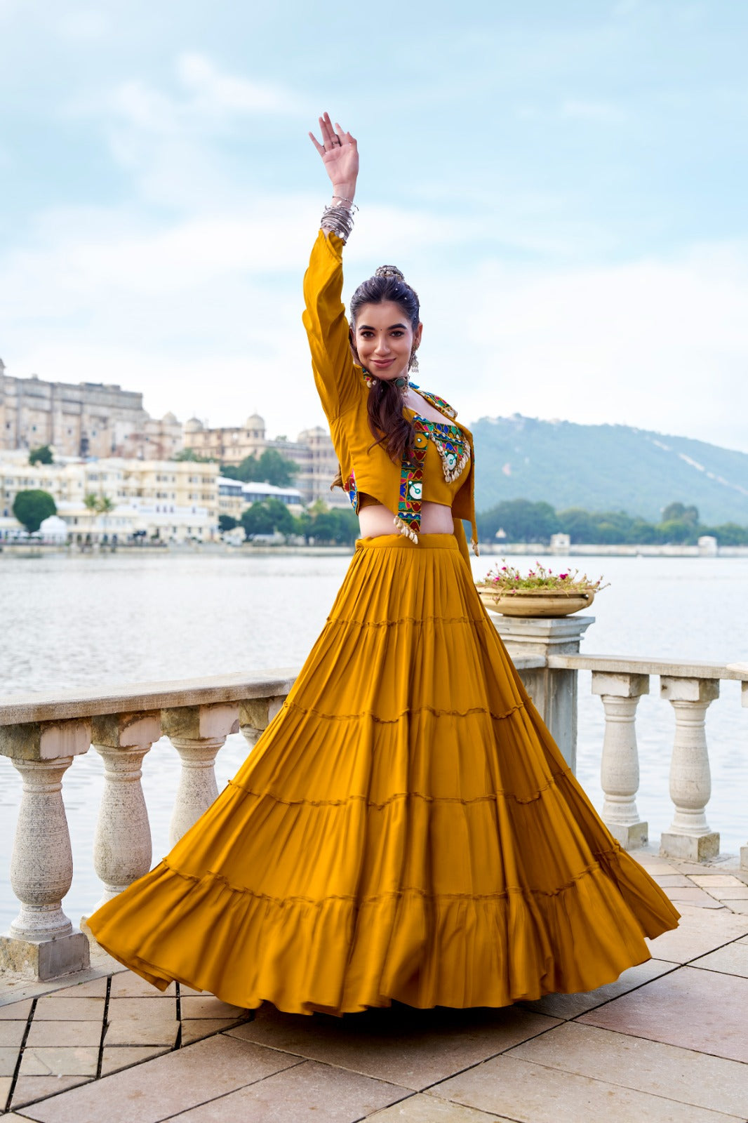 Lorenvalley Fashion Mustard Pure Rayon Plain Frill Lehenga Choli with Koti | Swadesiicart