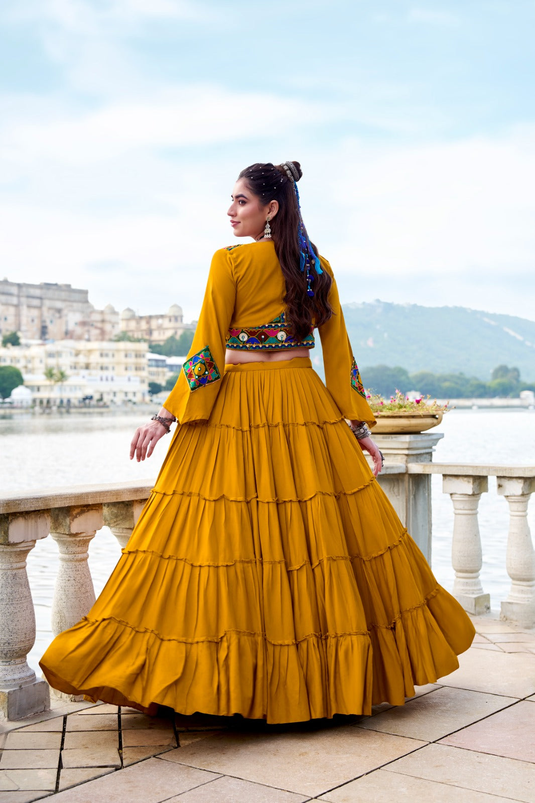 Lorenvalley Fashion Mustard Pure Rayon Plain Frill Lehenga Choli with Koti | Swadesiicart