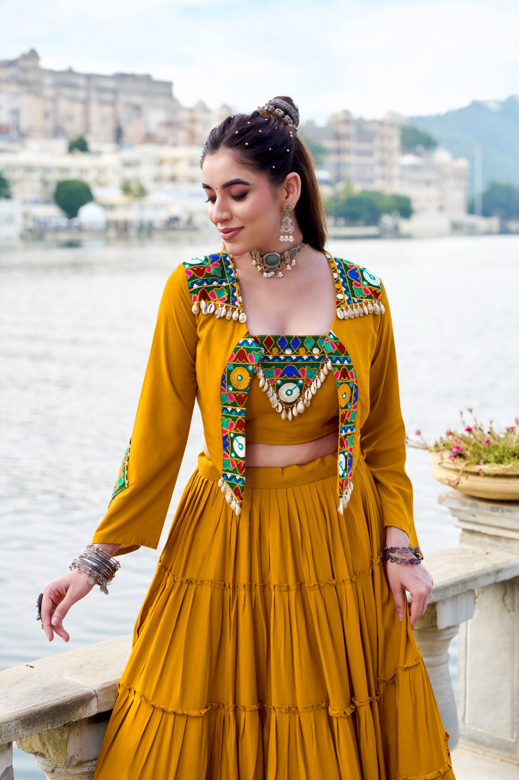 Lorenvalley Fashion Mustard Pure Rayon Plain Frill Lehenga Choli with Koti | Swadesiicart