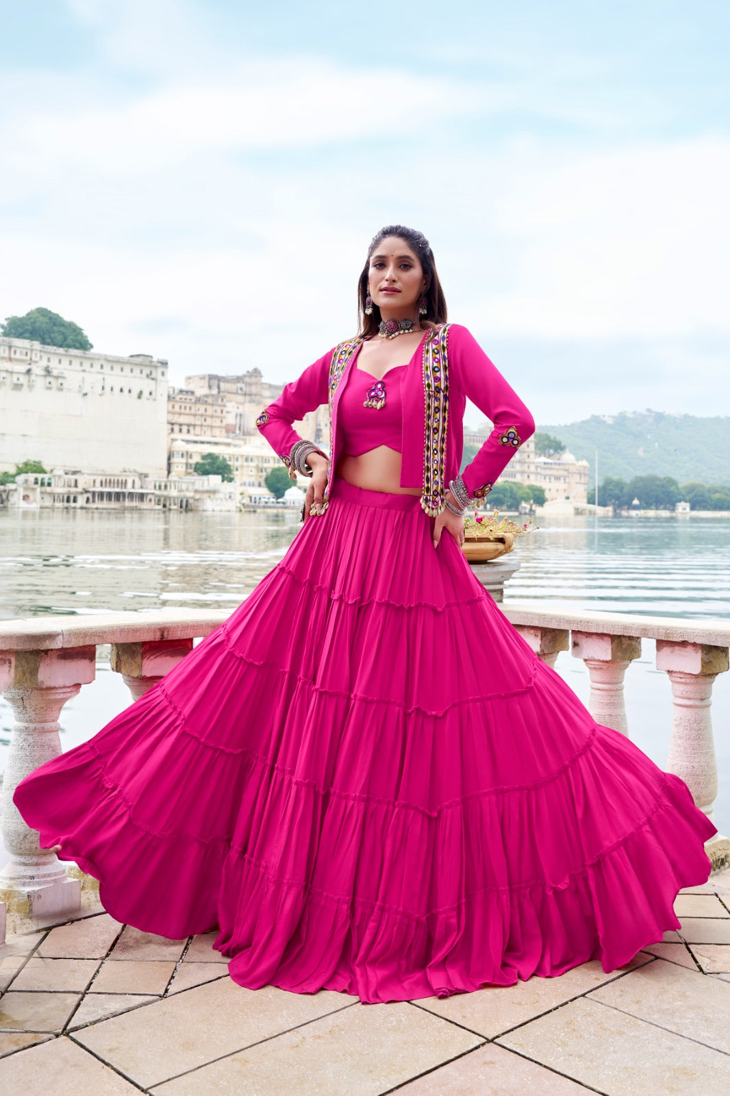 Lorenvalley Fashion Pink Pure Rayon Plain Frill Lehenga Choli with Koti | Swadesiicart