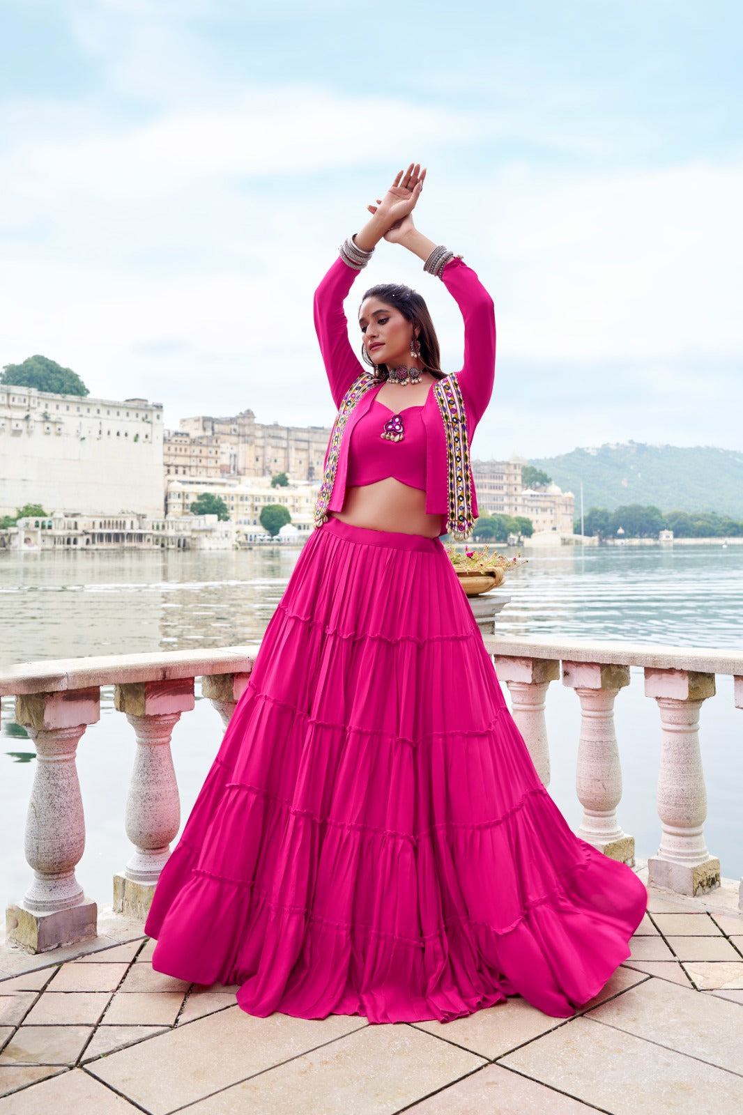 Lorenvalley Fashion Pink Pure Rayon Plain Frill Lehenga Choli with Koti | Swadesiicart