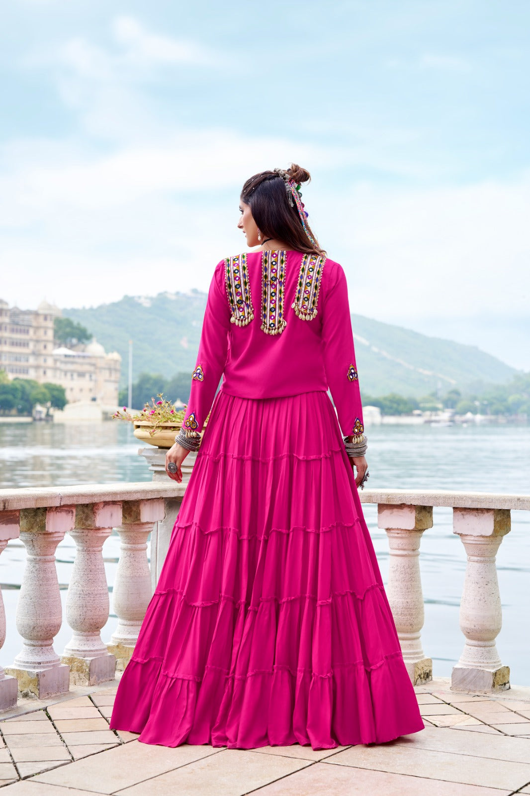 Lorenvalley Fashion Pink Pure Rayon Plain Frill Lehenga Choli with Koti | Swadesiicart