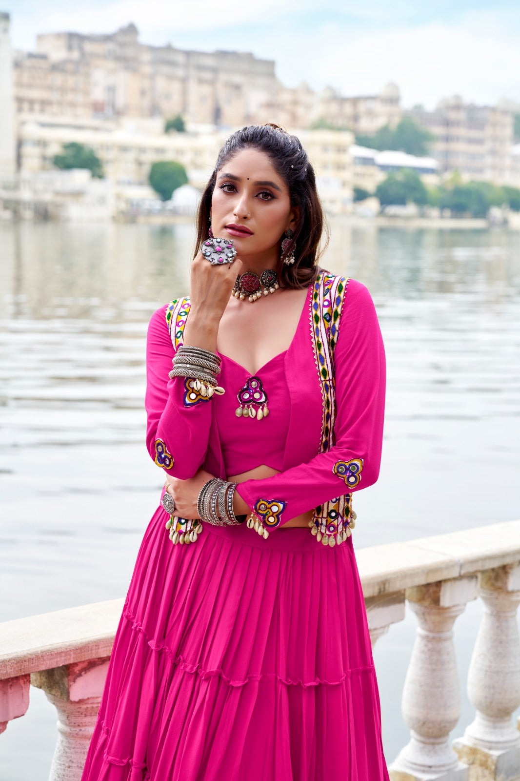 Lorenvalley Fashion Pink Pure Rayon Plain Frill Lehenga Choli with Koti | Swadesiicart