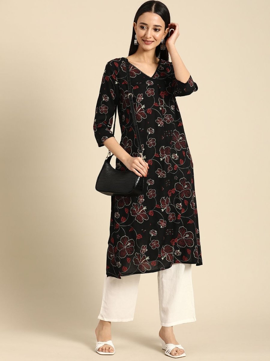 Anouk Women Floral Printed V Neck A-Line Kurta With Lace Detailing - Swadesiicart