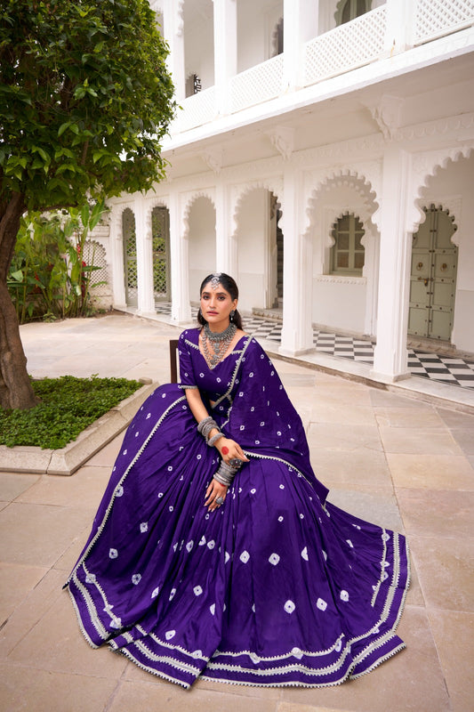Lorenvalley Fashion Purple Pure Chanderi Bandhej Print With Lace Touch Up Lehenga Choli with Dupatta - Swadesiicart
