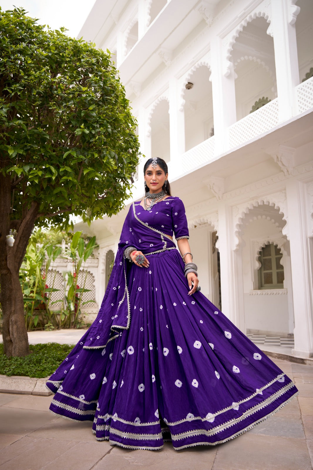 Lorenvalley Fashion Purple Pure Chanderi Bandhej Print With Lace Touch Up Lehenga Choli with Dupatta - Swadesiicart