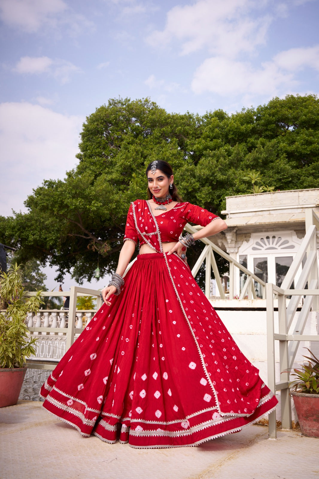 Lorenvalley Fashion Red Pure Chanderi Bandhej Print With Lace Touch Up Lehenga Choli with Dupatta - Swadesiicart