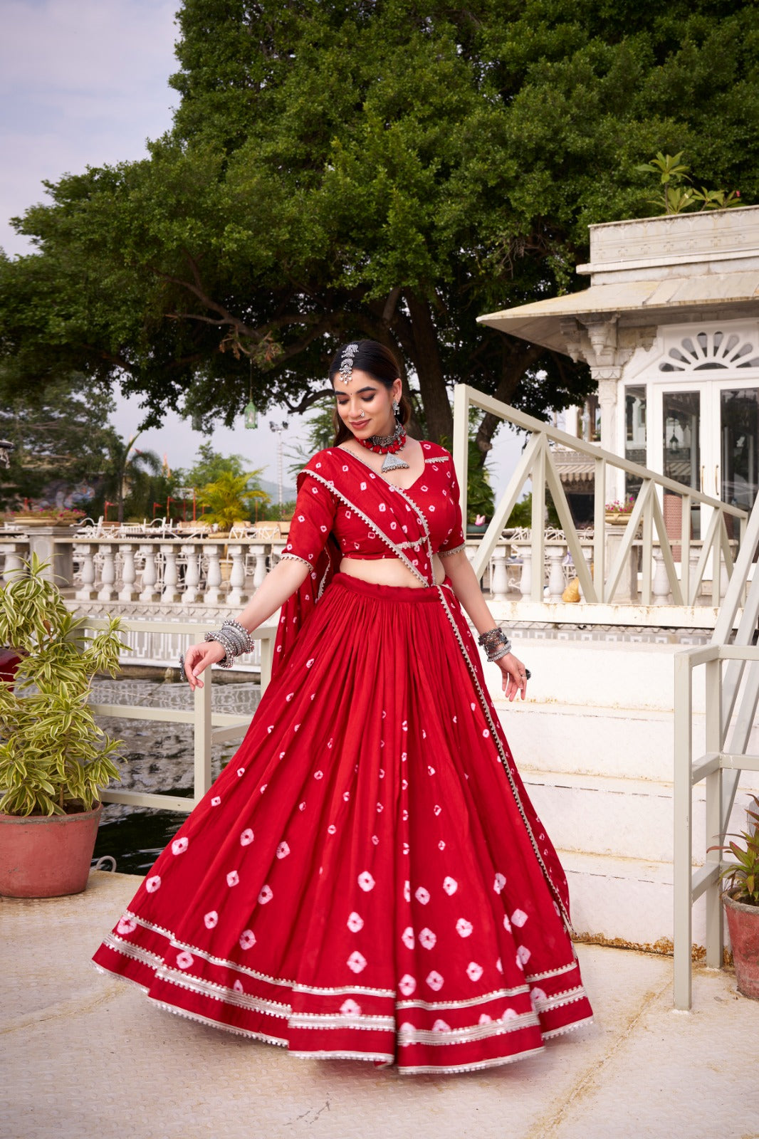 Lorenvalley Fashion Red Pure Chanderi Bandhej Print With Lace Touch Up Lehenga Choli with Dupatta - Swadesiicart