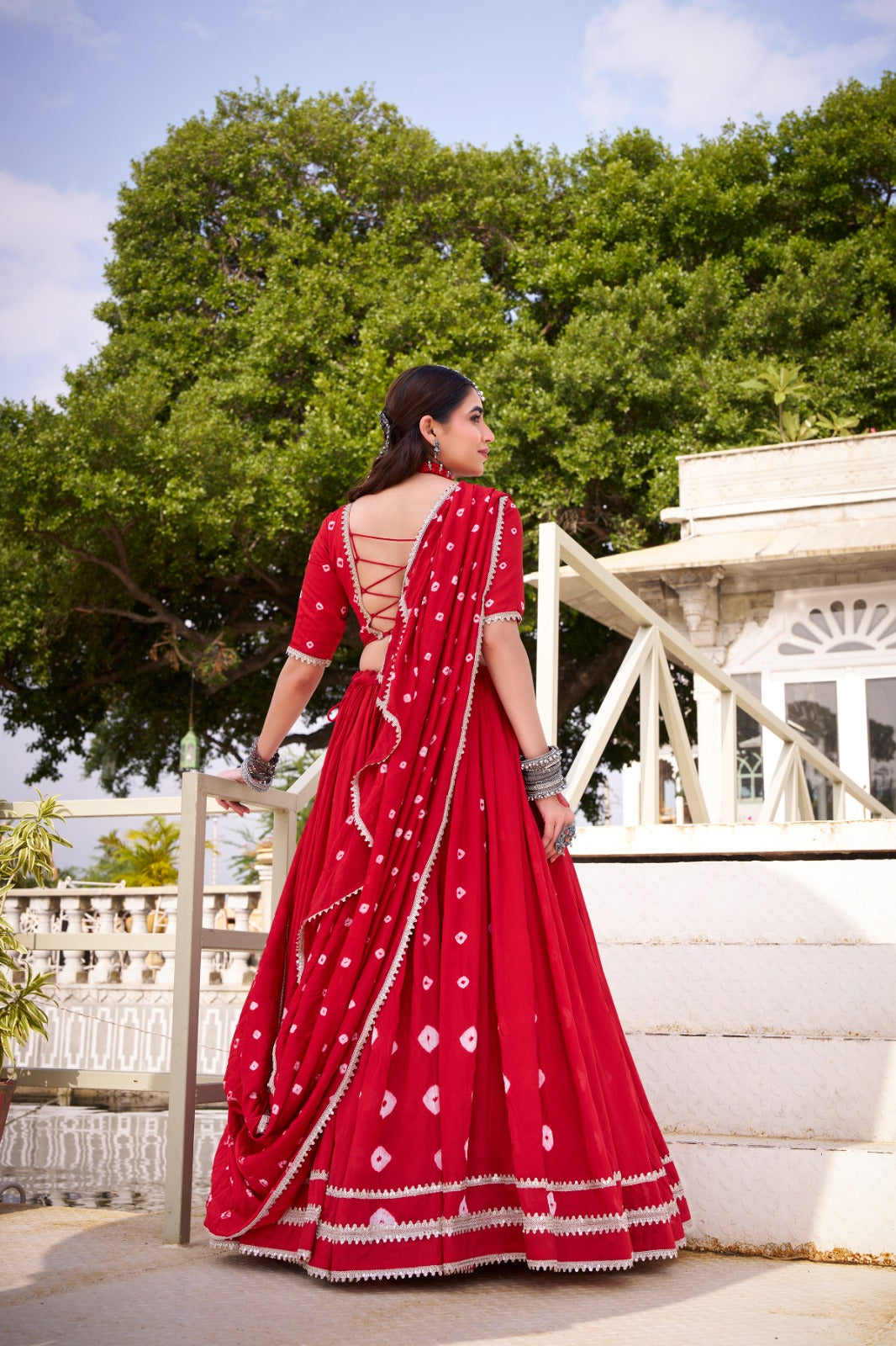 Lorenvalley Fashion Red Pure Chanderi Bandhej Print With Lace Touch Up Lehenga Choli with Dupatta - Swadesiicart
