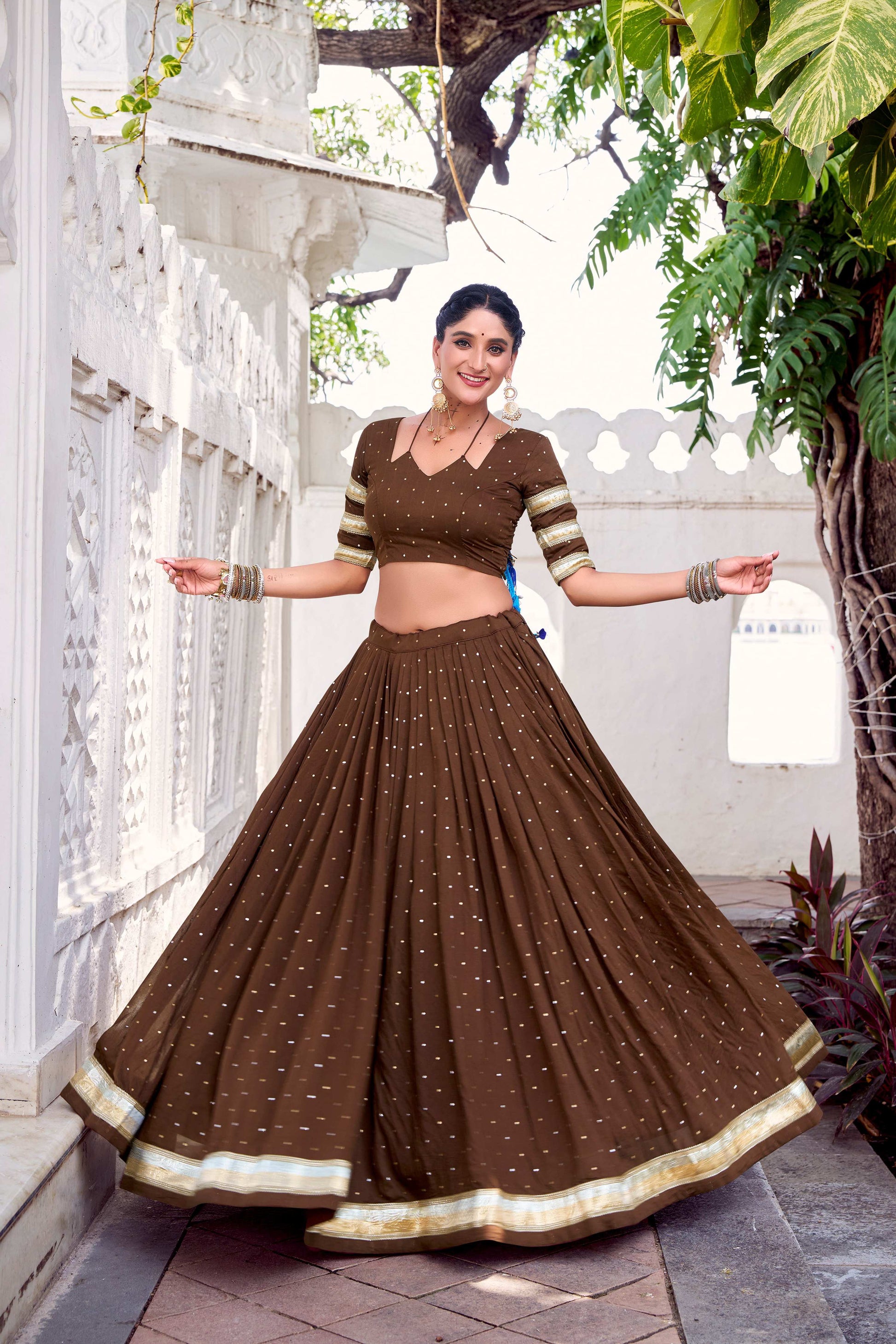 Lorenvalley Fashion Brown Pure Chanderi Zari Weaving Work With Embossed Design Lace Touch Up Lehenga Choli with Dupatta - Swadesiicart