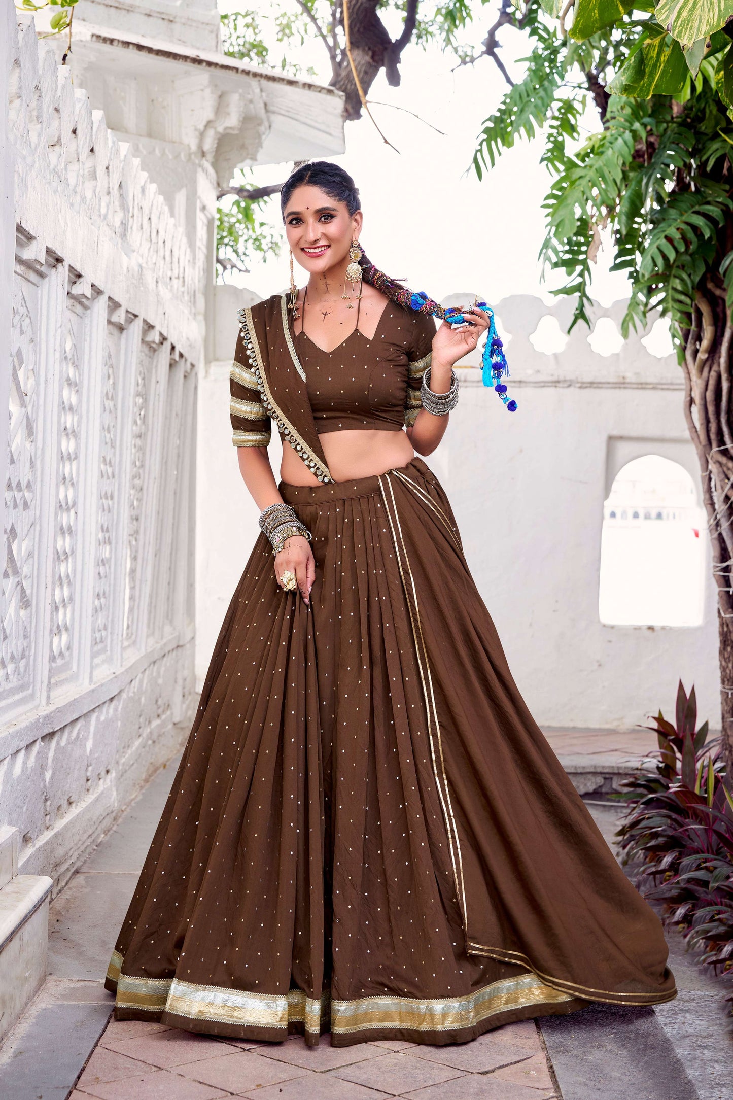 Lorenvalley Fashion Brown Pure Chanderi Zari Weaving Work With Embossed Design Lace Touch Up Lehenga Choli with Dupatta - Swadesiicart