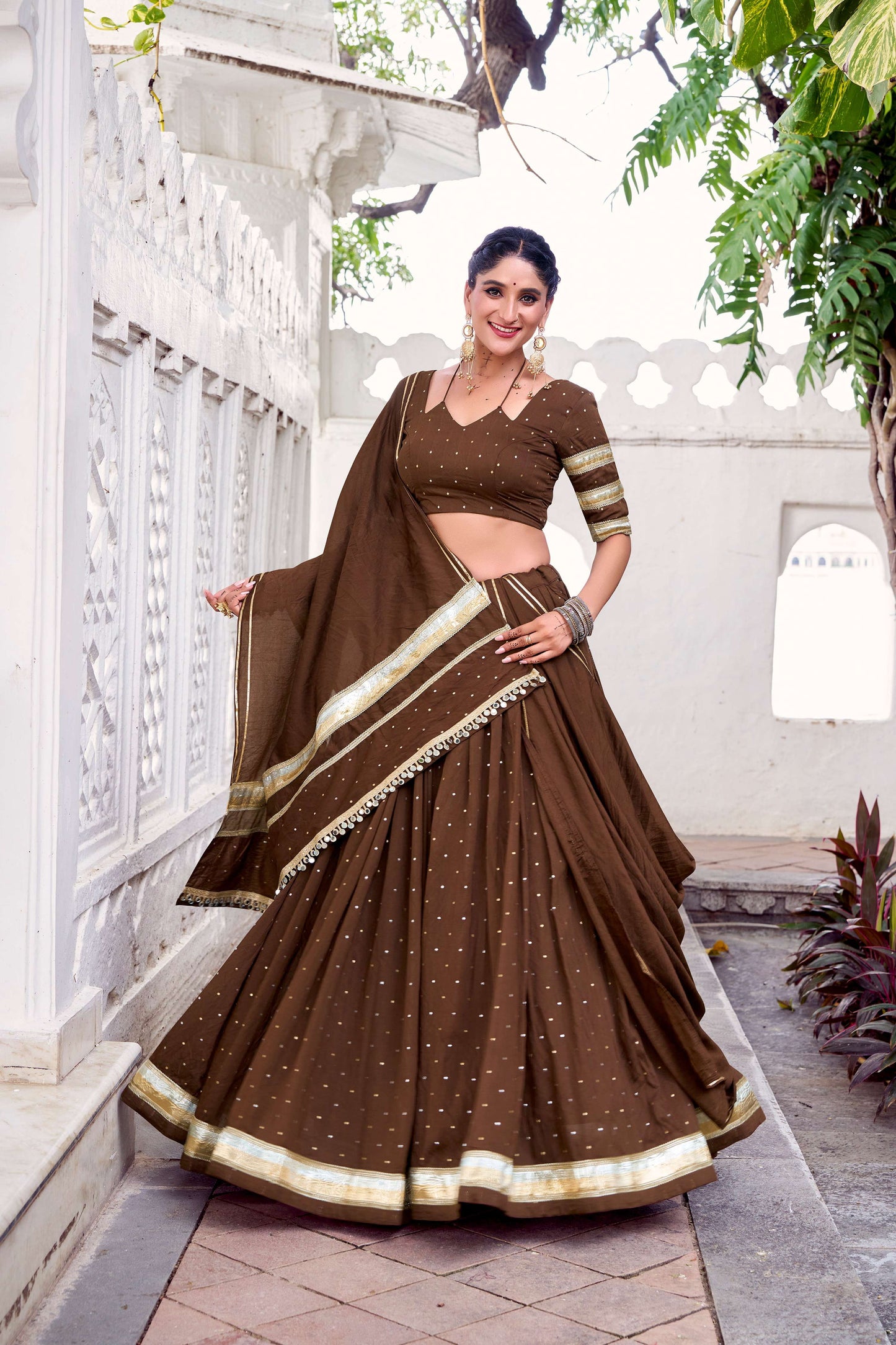 Lorenvalley Fashion Brown Pure Chanderi Zari Weaving Work With Embossed Design Lace Touch Up Lehenga Choli with Dupatta - Swadesiicart