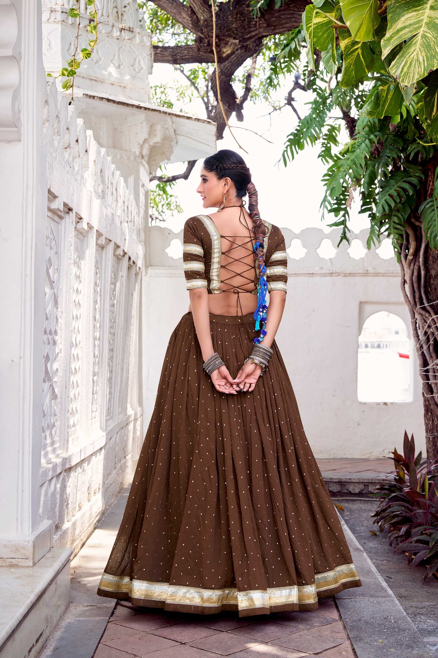 Lorenvalley Fashion Brown Pure Chanderi Zari Weaving Work With Embossed Design Lace Touch Up Lehenga Choli with Dupatta - Swadesiicart