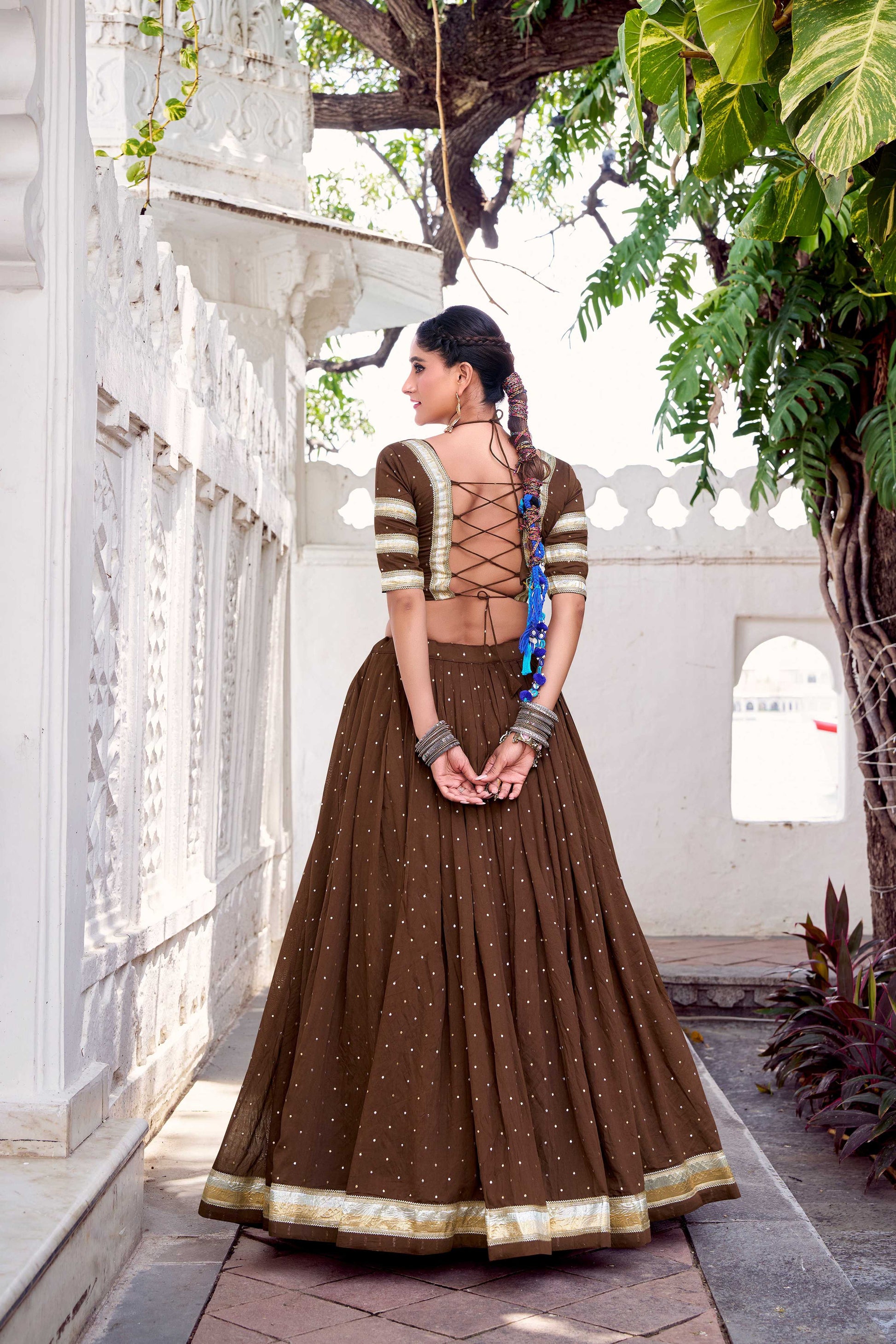 Lorenvalley Fashion Brown Pure Chanderi Zari Weaving Work With Embossed Design Lace Touch Up Lehenga Choli with Dupatta - Swadesiicart