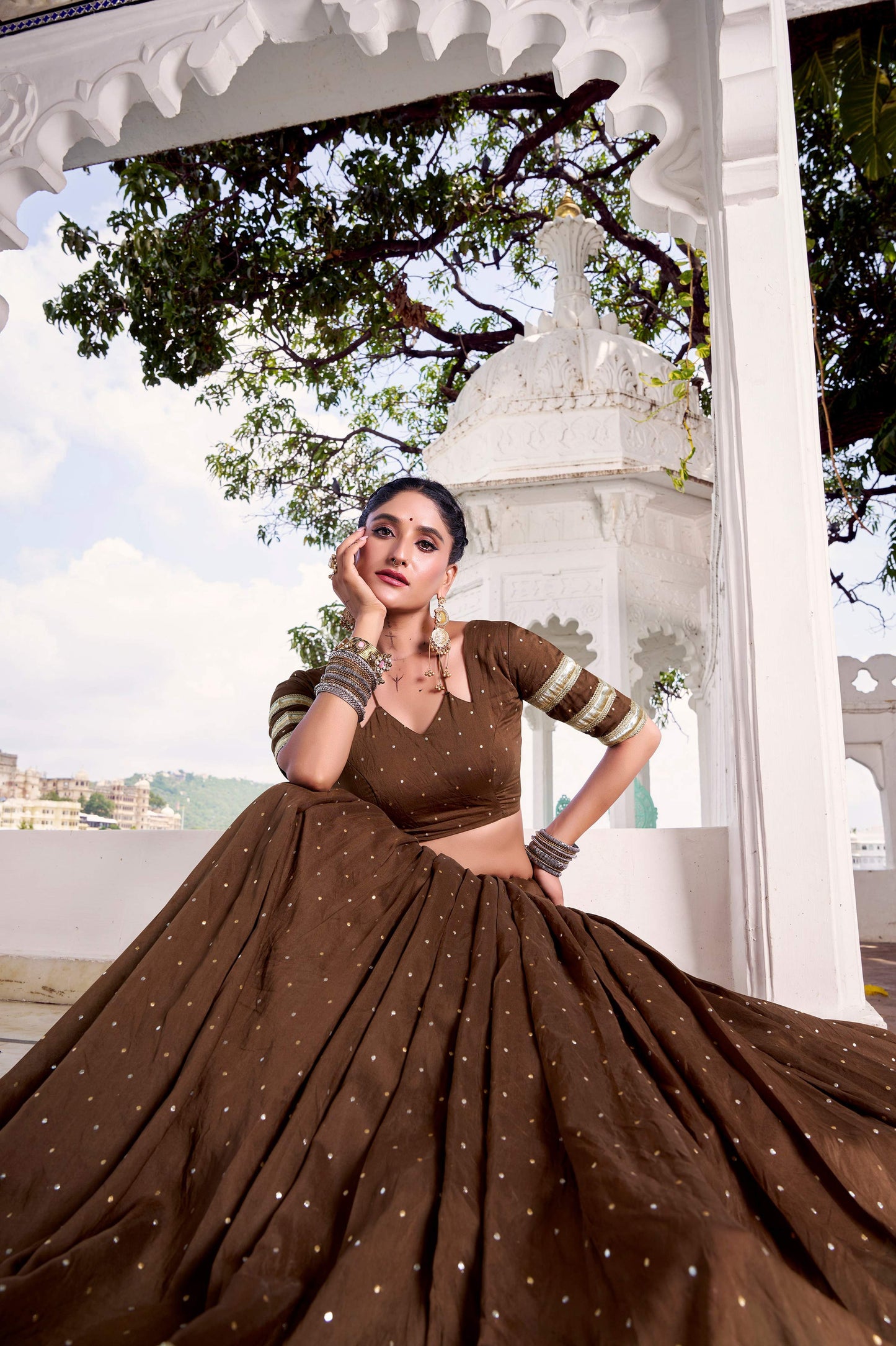 Lorenvalley Fashion Brown Pure Chanderi Zari Weaving Work With Embossed Design Lace Touch Up Lehenga Choli with Dupatta - Swadesiicart
