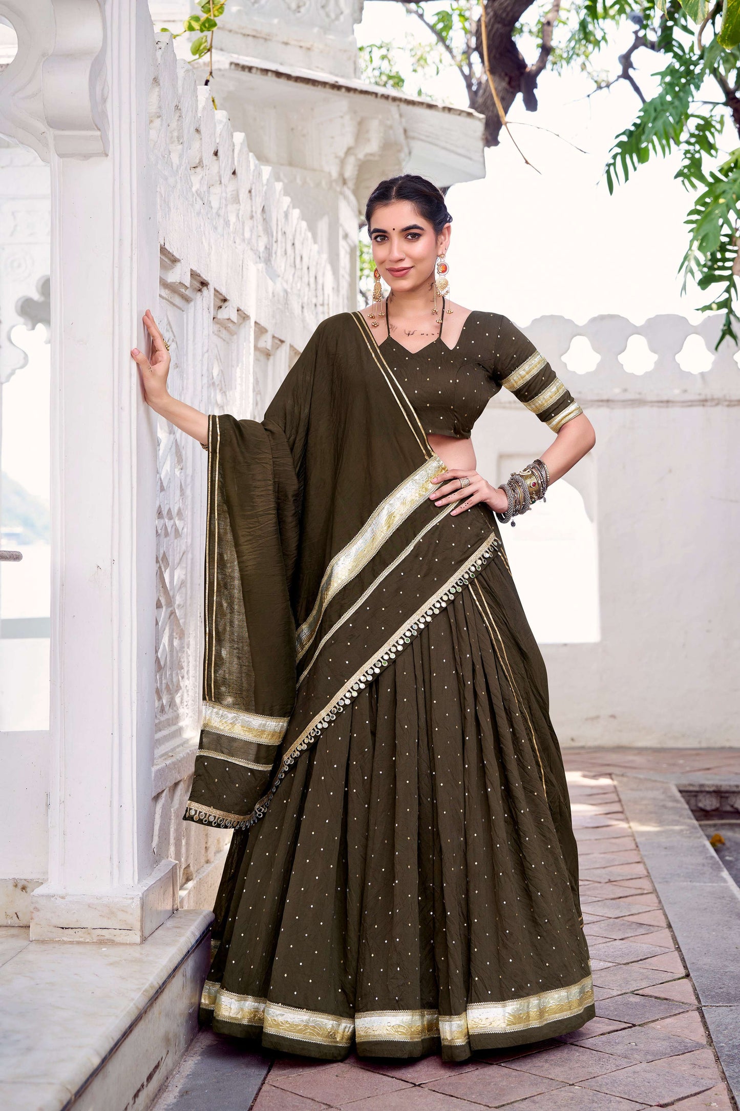 Lorenvalley Fashion Mahendi Pure Chanderi Zari Weaving Work With Embossed Design Lace Touch Up Lehenga Choli with Dupatta - Swadesiicart