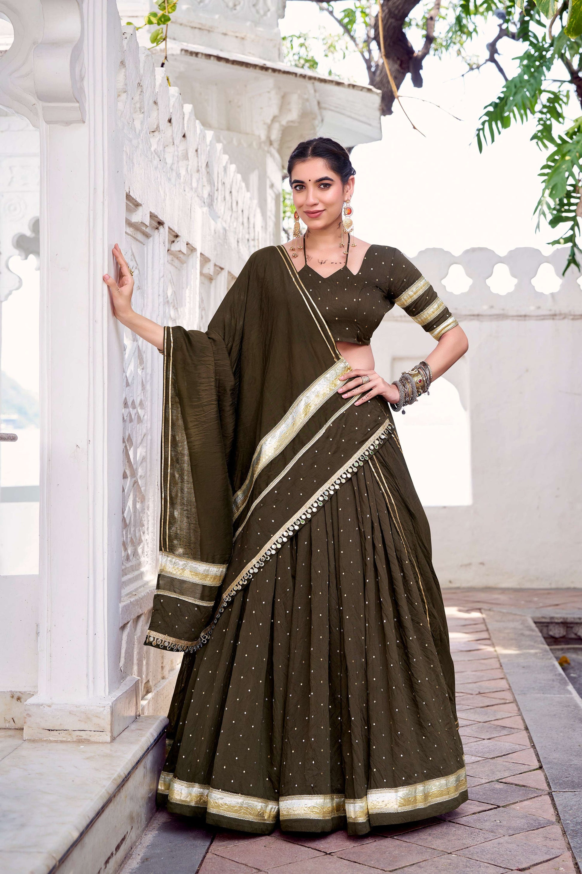 Lorenvalley Fashion Mahendi Pure Chanderi Zari Weaving Work With Embossed Design Lace Touch Up Lehenga Choli with Dupatta - Swadesiicart